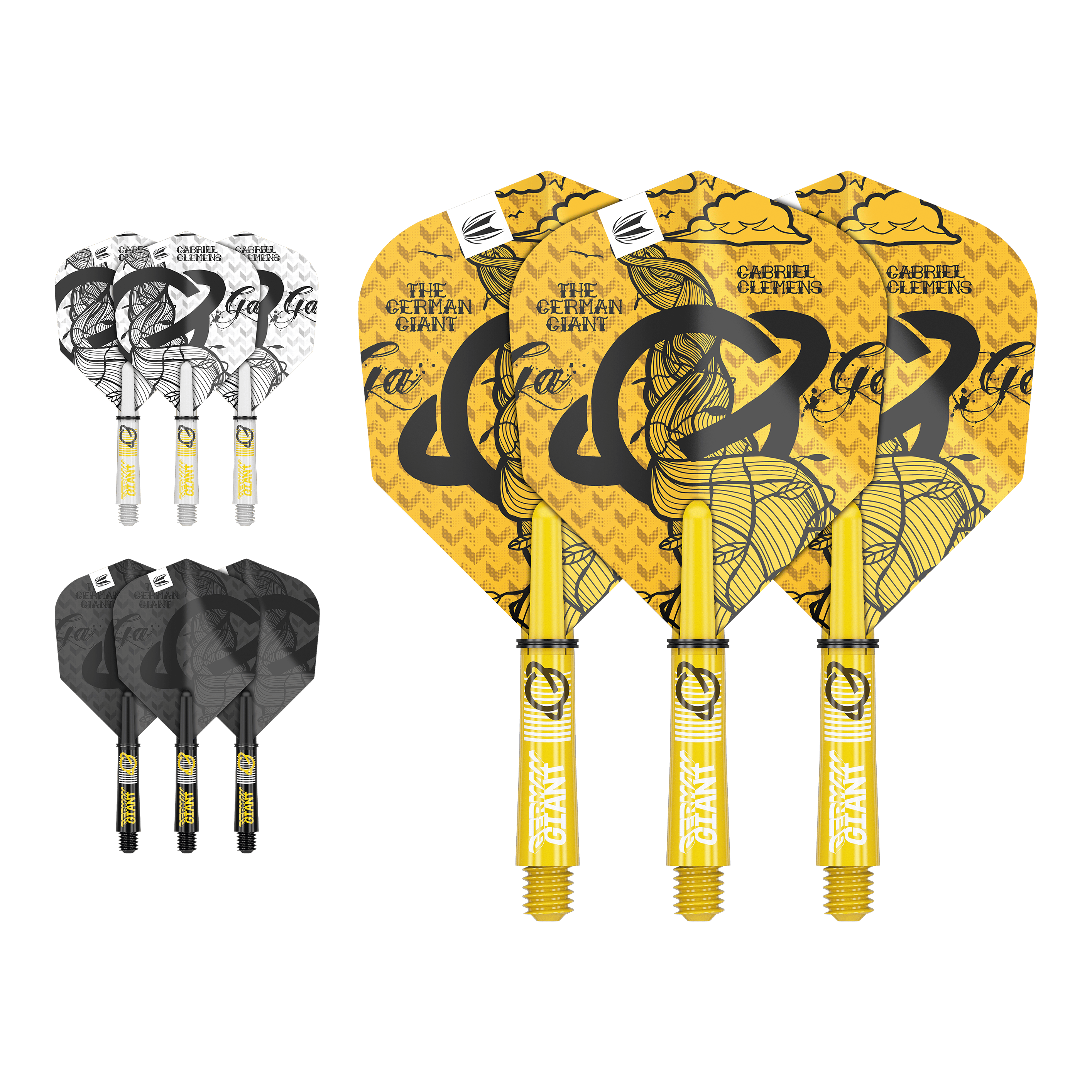 Das Bild zeigt drei Dart-Flights mit gelben Schäften und auffälligem Design in der Mitte. Oben links sind noch drei weiße und unten links drei schwarze Ersatz-Flights mit passenden Schäften zu sehen.