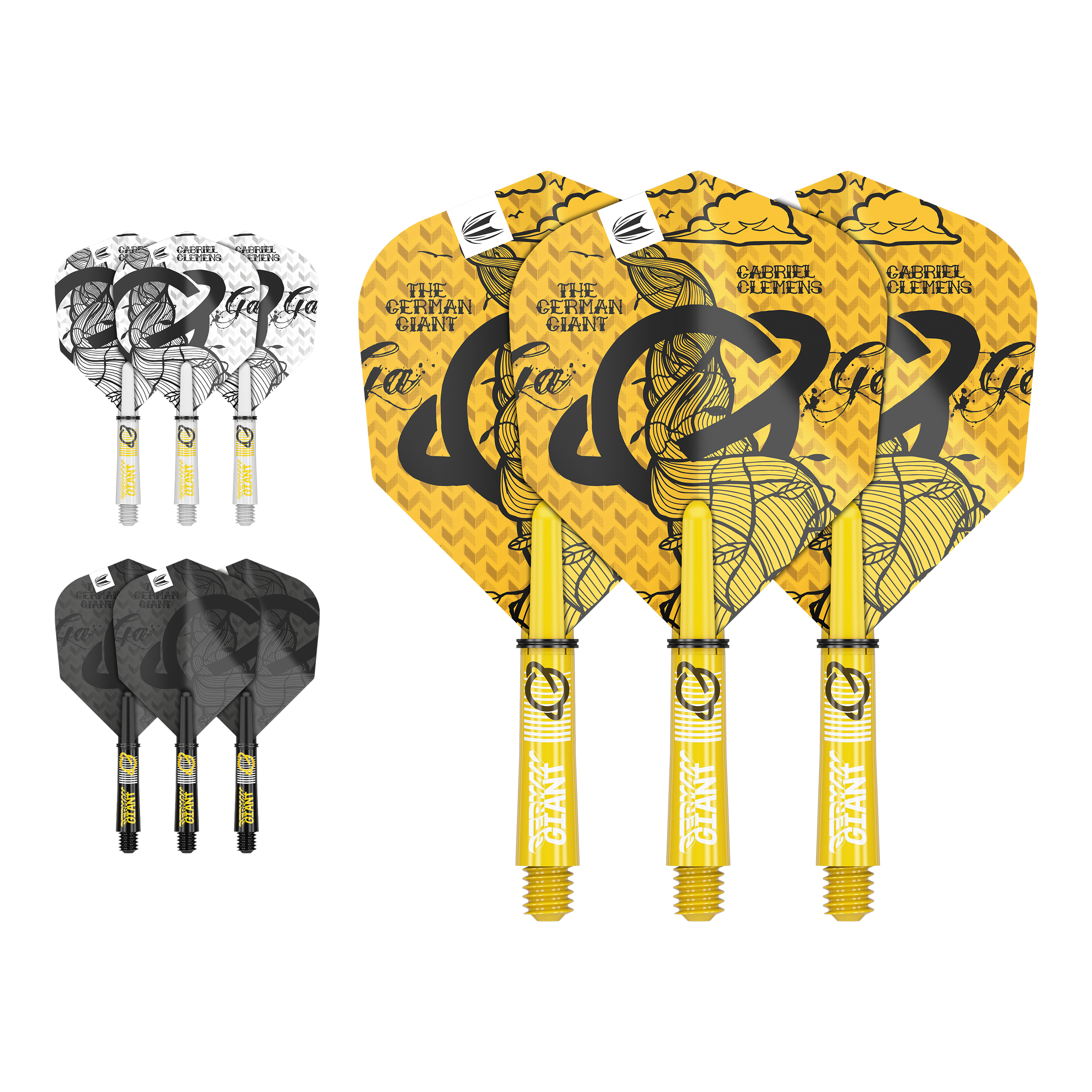Target Ink Flight Shaft Kit Gabriel Clemens Das Bild zeigt drei Dart-Flights mit gelben Schäften und auffälligem Design in der Mitte. Oben links sind noch drei weiße und unten links drei schwarze Ersatz-Flights mit passenden Schäften zu sehen.