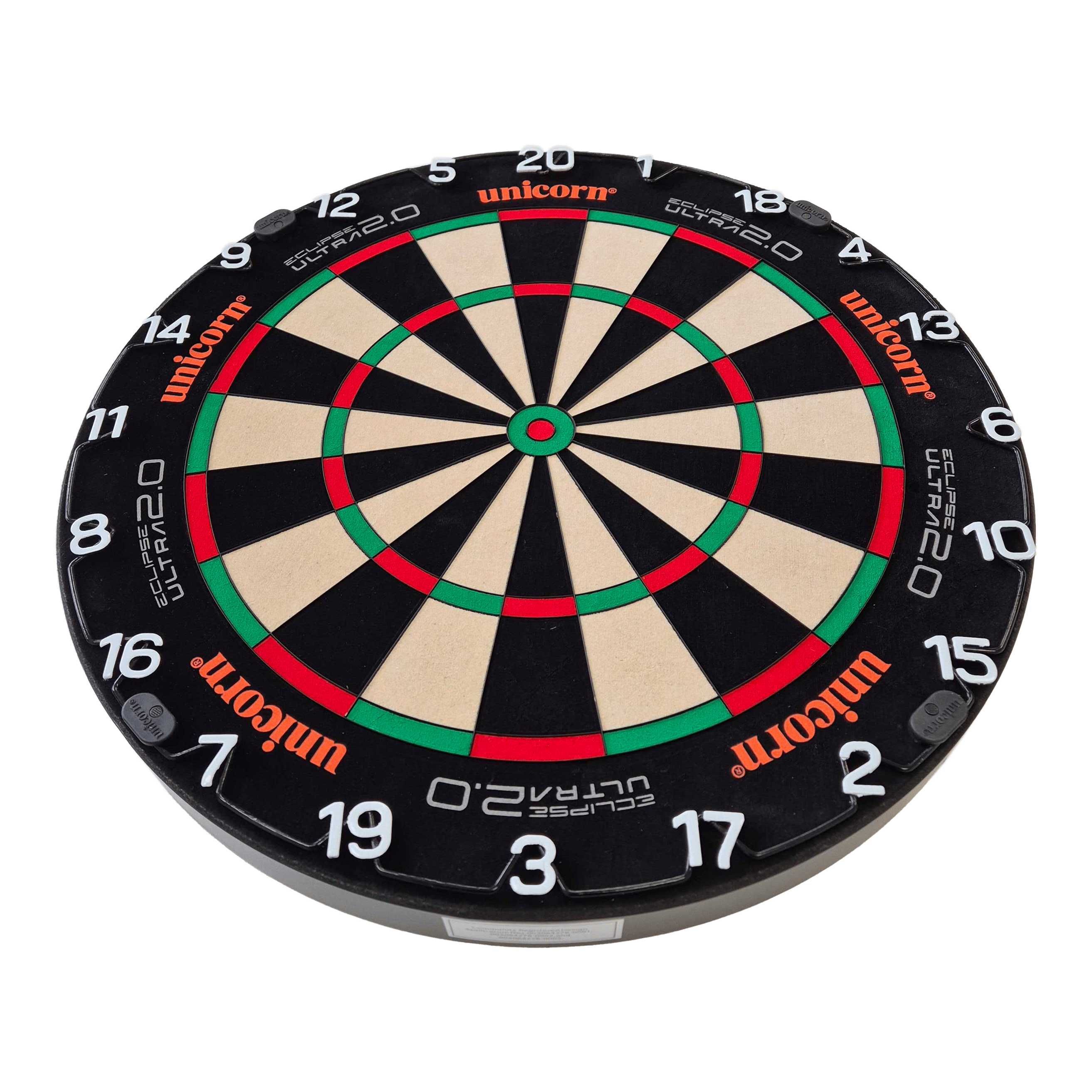 Unicorn Eclipse Ultra 2.0 Steeldartboard Das Bild zeigt eine Unicorn Eclipse Ultra 2.0 Steeldartboard. Die Dartscheibe hat ein klares, klassisches Design mit Zahlen und farbigen Segmenten.
