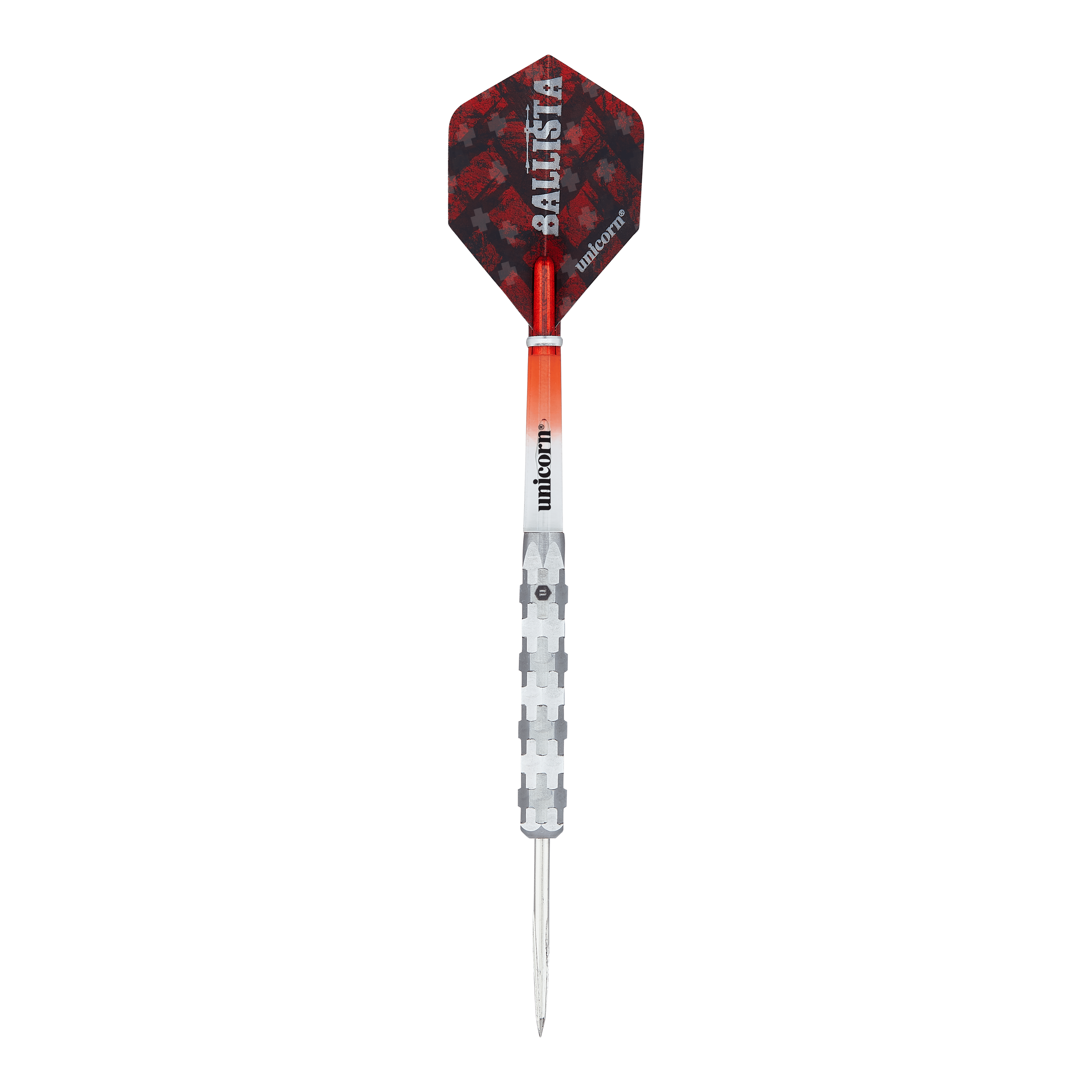 Unicorn Ballista Style 1 Steeldarts Das Bild zeigt einen Steeldart mit der Aufschrift "Unicorn Ballista Style 1". Der Dart hat einen silbernen Schaft, einen rot-schwarzen Flight und eine spitze Metallspitze.