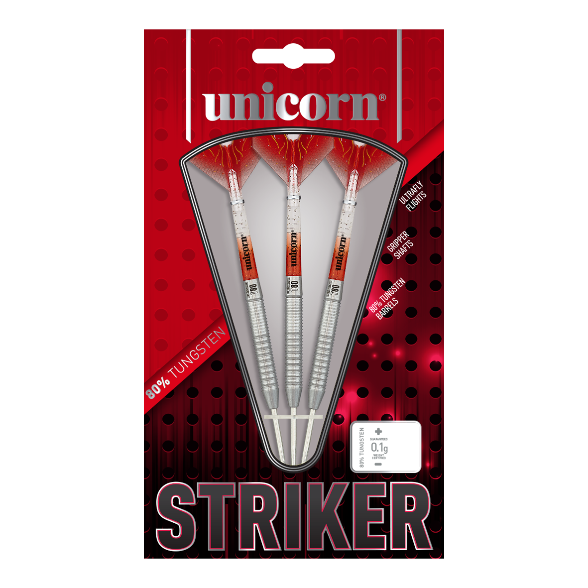 Unicorn Core XL Striker Style 1 Steeldarts - 22g Auf dem Bild sind drei Unicorn Core XL Striker Style 1 Steeldarts mit einem Gewicht von 22g zu sehen. Die Verpackung ist rot-schwarz gestaltet und hebt 80% Tungsten-Barrels hervor.