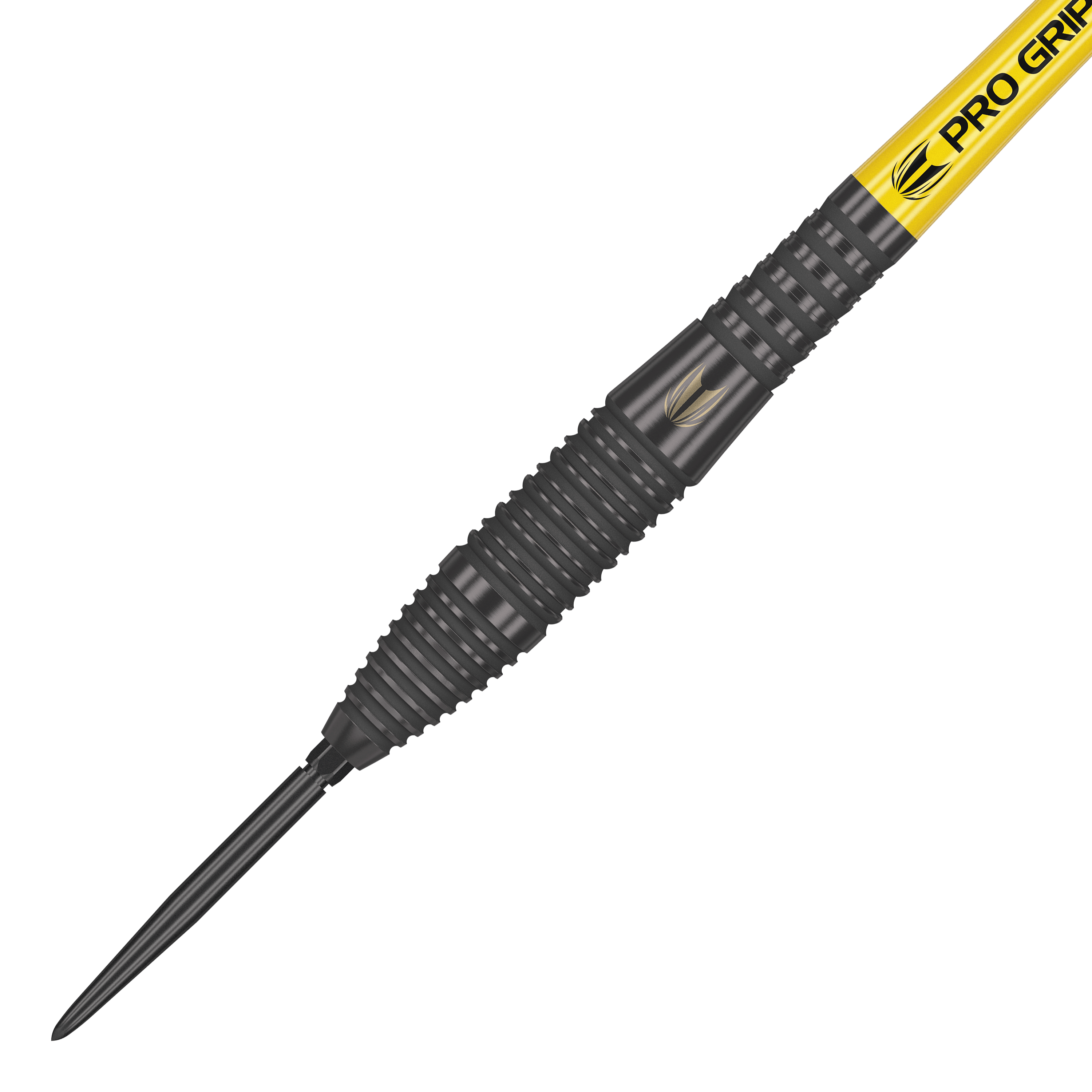 Target Bolide Void 05 Swiss Point Steeldarts Das Bild zeigt einen Target Bolide Void 05 Swiss Point Steeldart. Der Dart hat eine schwarze, gerillte Oberfläche und einen gelben Schaft mit der Aufschrift "Pro Grip".