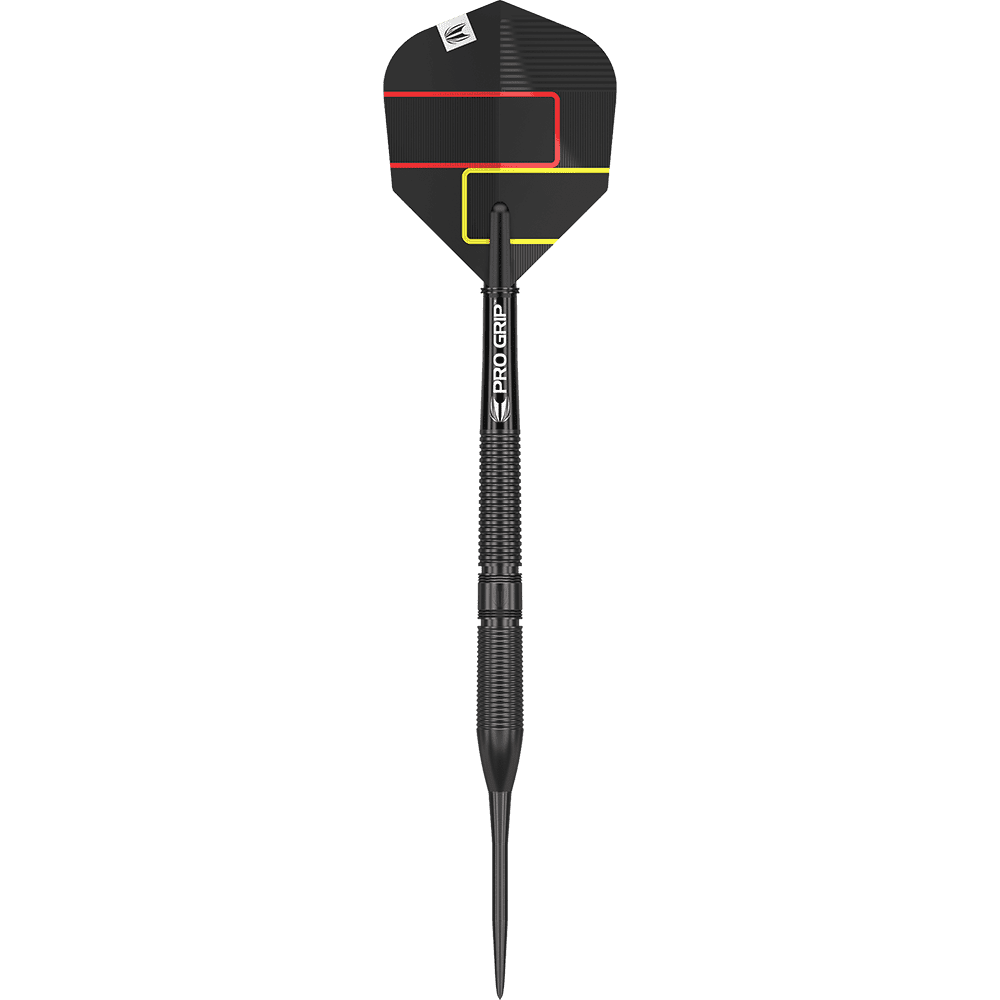 190227_Target_Gabriel_Clemens_Black_Edition_Steeldarts_1ovoKRTnltgb3u Dies ist ein schwarzer Steeldartpfeil mit geriffeltem Griff. Die Dart-Flügel sind schwarz mit roten und gelben Linien verziert.