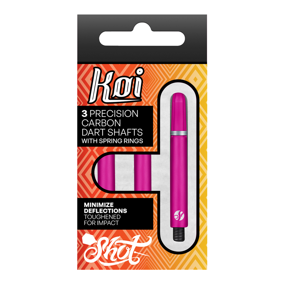 Auf dem Bild ist eine Verpackung mit drei pinkfarbenen Präzisions-Carbon-Dartschäften zu sehen. Die Schäfte sind für minimale Ablenkungen und erhöhte Schlagfestigkeit ausgelegt.
