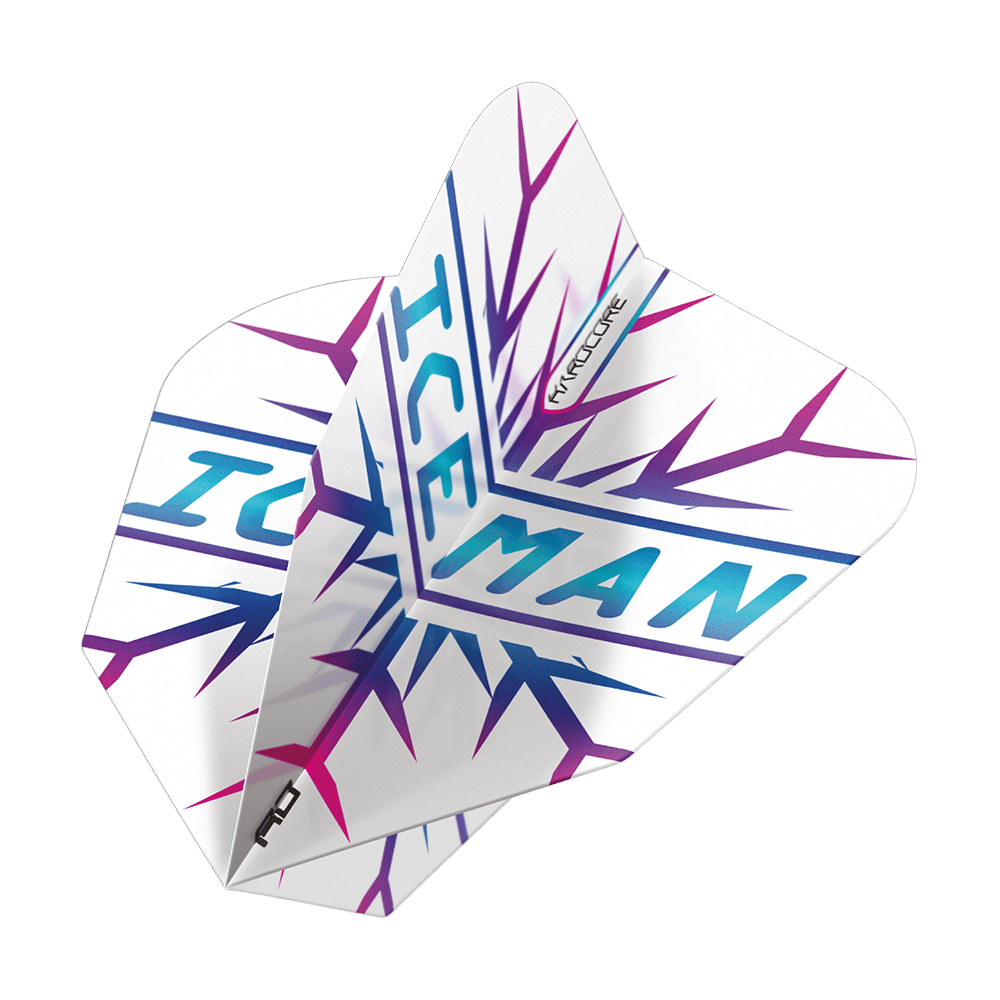 Das Bild zeigt das Produkt "Red Dragon Gerwyn Price Hardcore Flight Set". Die Flights sind weiß mit blauen und lila Eiszapfen-Designs und dem Schriftzug "ICEMAN".