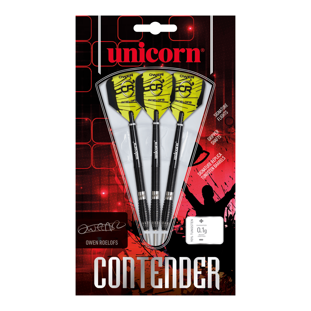 Das Bild zeigt die "Unicorn Contender Owen Roelofs Steeldarts - 22g" im Originalverpackung. Drei Darts mit gelben Flights sind prominent auf einem rot-schwarzen Hintergrund zu sehen.