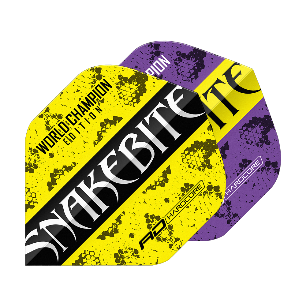 Das Bild zeigt zwei Dart-Flights in Gelb und Lila mit der Aufschrift "Snakebite". Auf dem gelben Flight steht zudem "World Champion Edition".