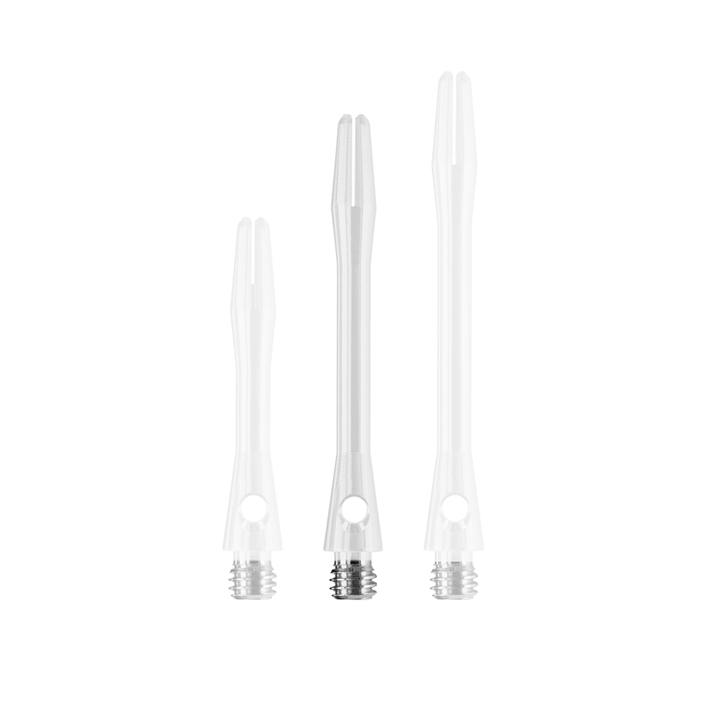 Das Bild zeigt drei weiße Harrows Keramic Shafts in unterschiedlichen Längen. Sie haben einen Metallgewindeanschluss am unteren Ende.