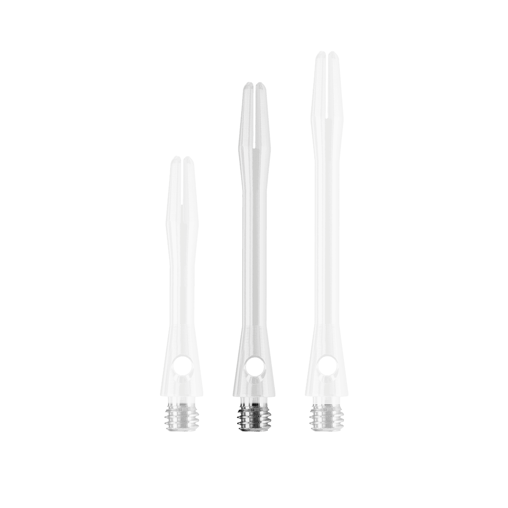 HR373_Harrows_Keramic_Shafts_Weiss_41mm_1 Das Bild zeigt drei weiße Harrows Keramic Shafts in unterschiedlichen Längen. Sie haben einen Metallgewindeanschluss am unteren Ende.