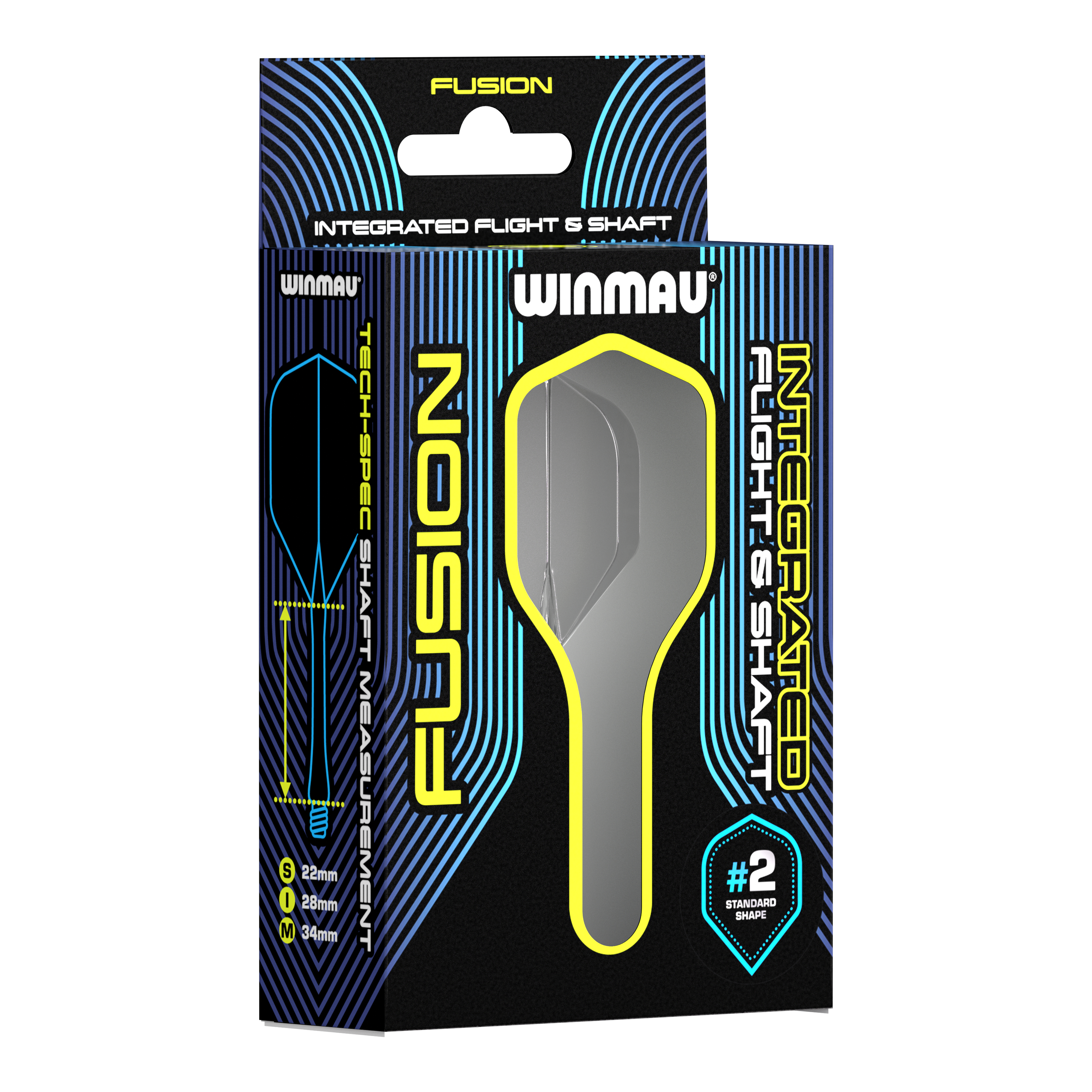 Das Bild zeigt das Winmau Fusion Flight Shaft System Standard in Smokey, 28mm. Es handelt sich um Ersatzteile für Dartpfeile.