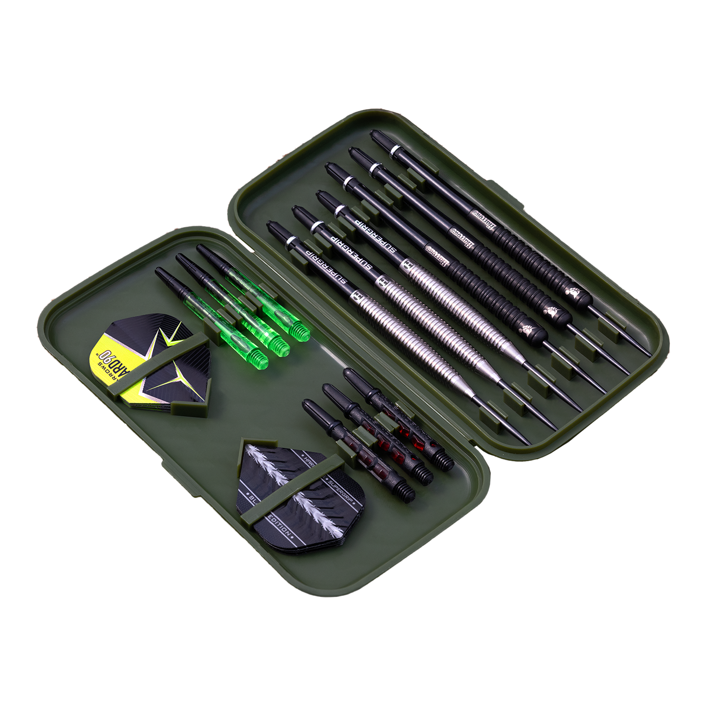 Harrows Slimcase Darttasche In diesem Bild ist ein offenes Dartcase mit mehreren Darts und Zubehör zu sehen. Das Etui enthält Dartpfeile, Flights und Ersatzschäfte in einer geordneten Anordnung.