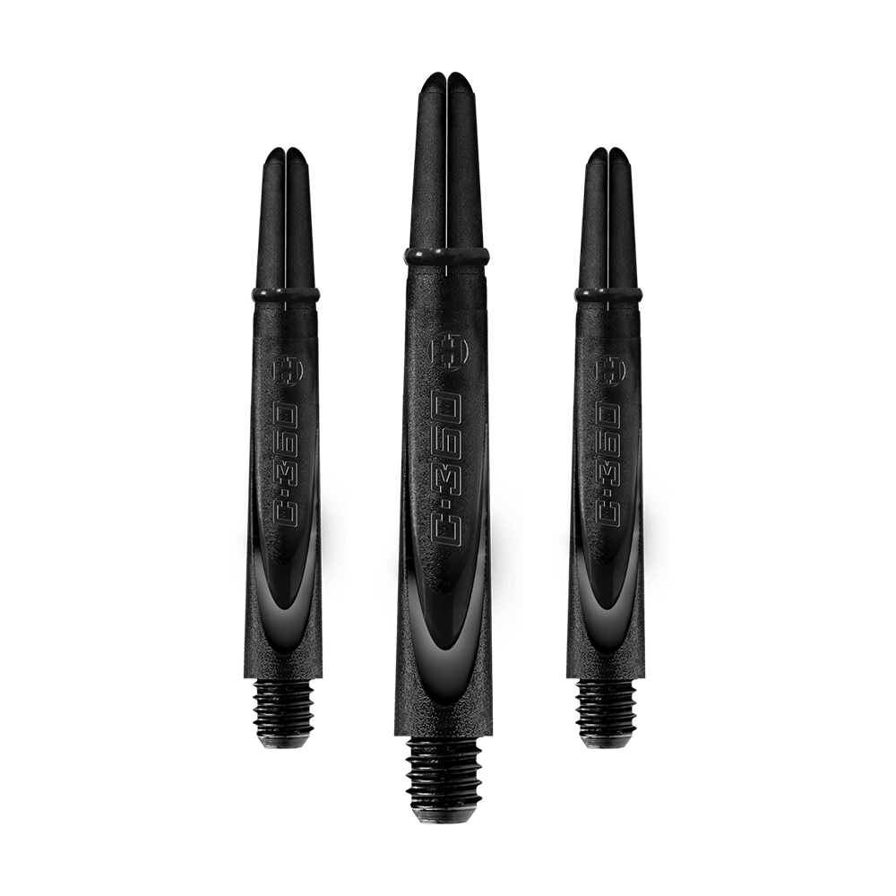 HR459_Harrows_Carbon_360_Shafts_Schwarz_42mm_1WRscEGxlOd8Ig Das Bild zeigt drei schwarze Dartschäfte aus Carbon. Auf jedem Schaft ist die Beschriftung "C-360" zu sehen.