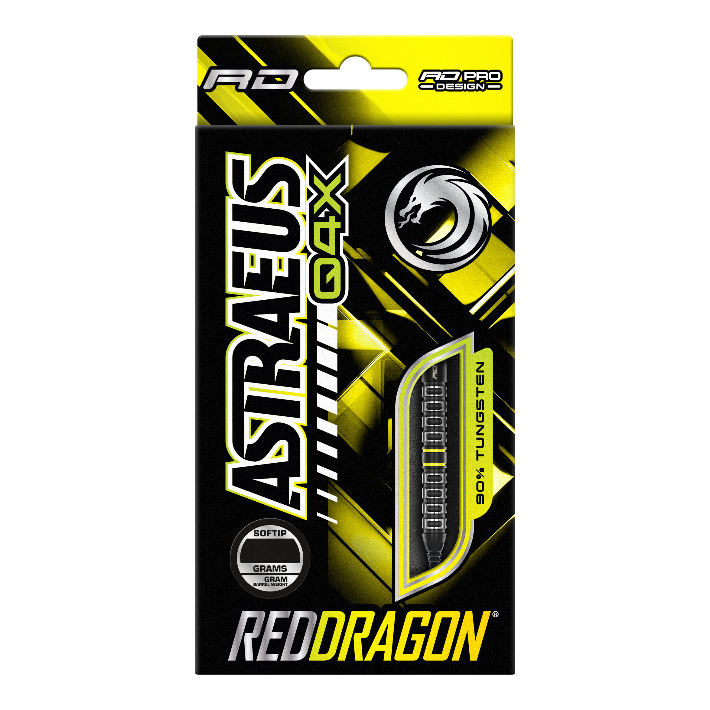 Die Verpackung zeigt die Softdarts "Red Dragon Astraeus Q4X Parallel" mit einem Gewicht von 20 Gramm. Das Design ist hauptsächlich in Schwarz und Gelb gehalten und hebt hervor, dass die Darts zu 90% aus Tungsten bestehen.