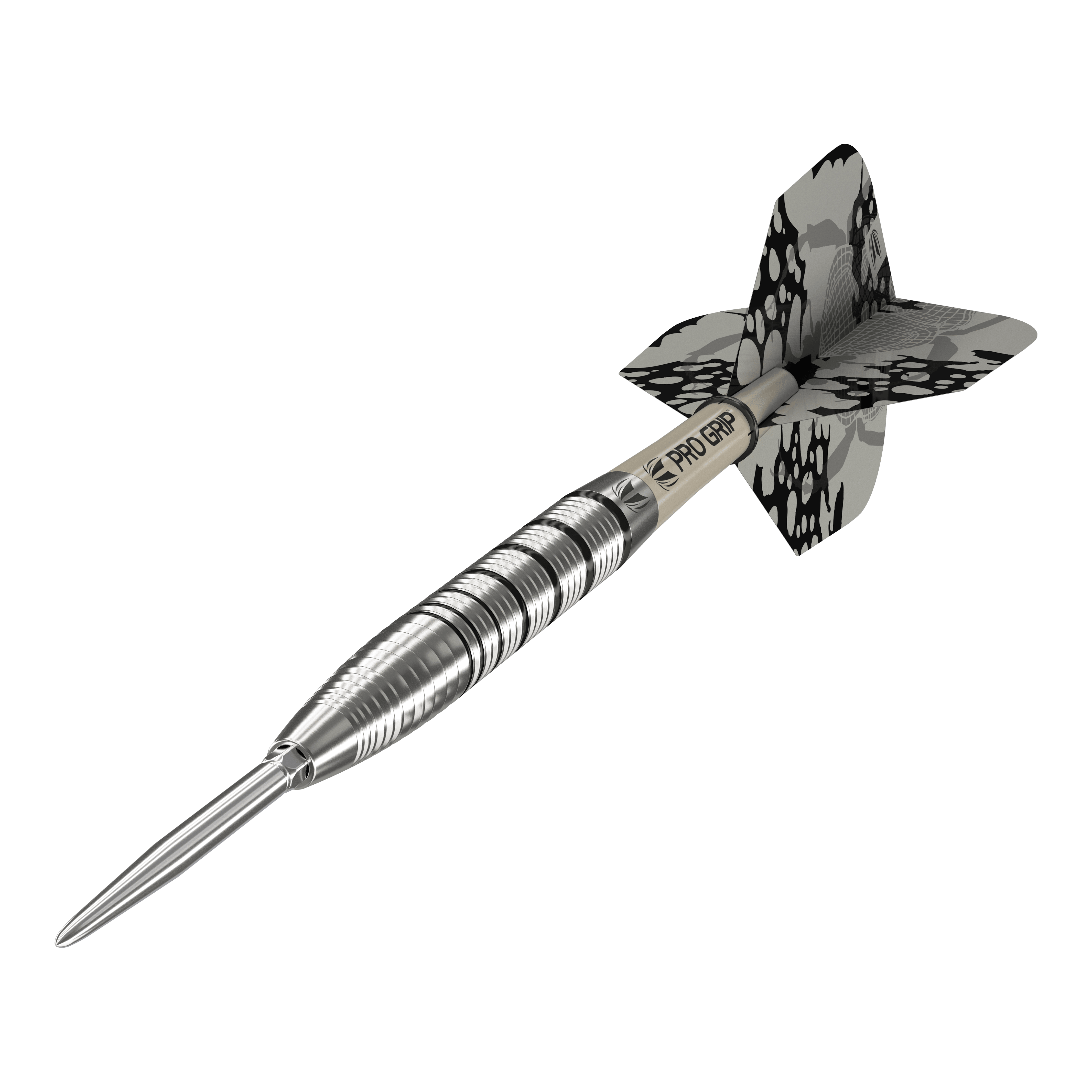 Das Bild zeigt den Target EXO SP02 Swiss Point Steeldart. Der Dart hat ein silbernes Griffstück mit schwarzen Akzenten und eine schwarz-gemusterte Flight.