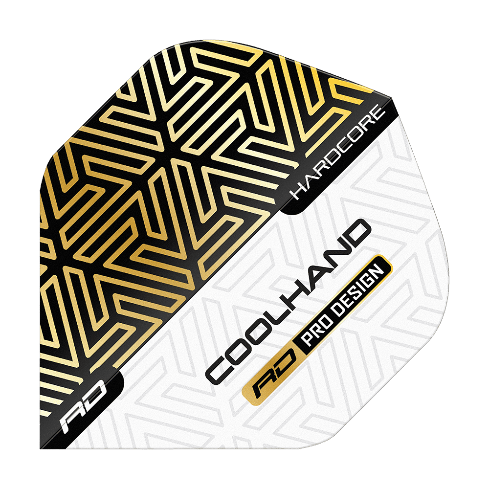 Das Bild zeigt einen Dartflight mit gold-schwarzem und weißem geometrischen Muster. Auf dem Flight stehen die Worte "HARDCORE", "COOLHAND" und "RD PRO DESIGN".