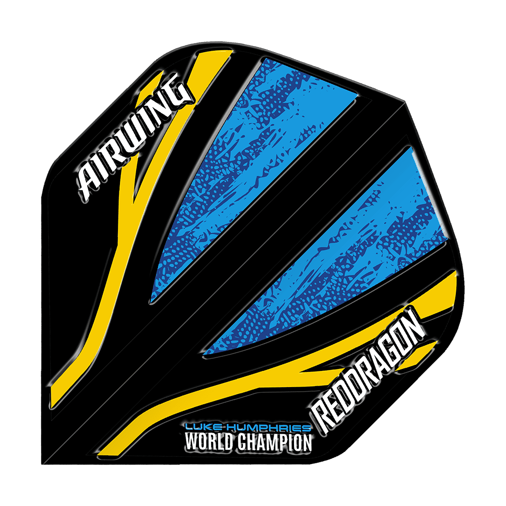 Das Bild zeigt ein Dart-Flight mit schwarzem, blauem und gelbem Design. Auf dem Flight stehen die Wörter "AIRWING", "REDDRAGON" und "LUKE HUMPHRIES WORLD CHAMPION".