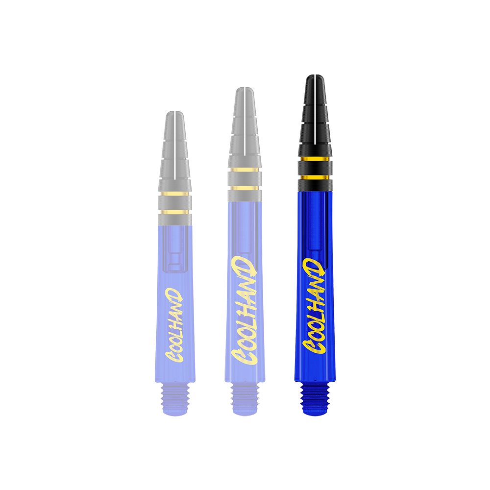 Red Dragon Nitrotech Luke Humphries Coolhand Shafts - Blau Das Bild zeigt drei blaue Dartschäfte mit der gelben Aufschrift "COOLHAND". Die Spitzen der Schäfte sind schwarz mit goldenen Ringen verziert.