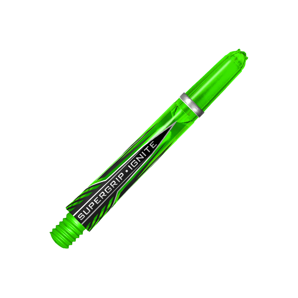 Das Bild zeigt einen grünen Harrows Supergrip Ignite Shaft für Darts. Der Hintergrund ist in kräftigen Grüntönen gehalten und hebt das Produkt hervor.