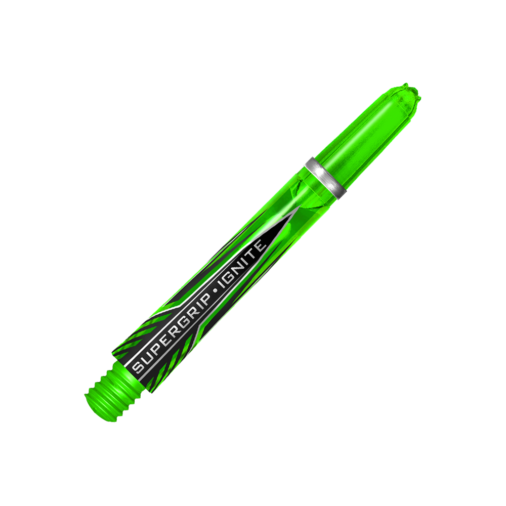 HR390_Harrows_Supergrip_Ignite_Shafts_Gr-n_40mm_2 Das Bild zeigt einen grünen Harrows Supergrip Ignite Shaft für Darts. Der Hintergrund ist in kräftigen Grüntönen gehalten und hebt das Produkt hervor.