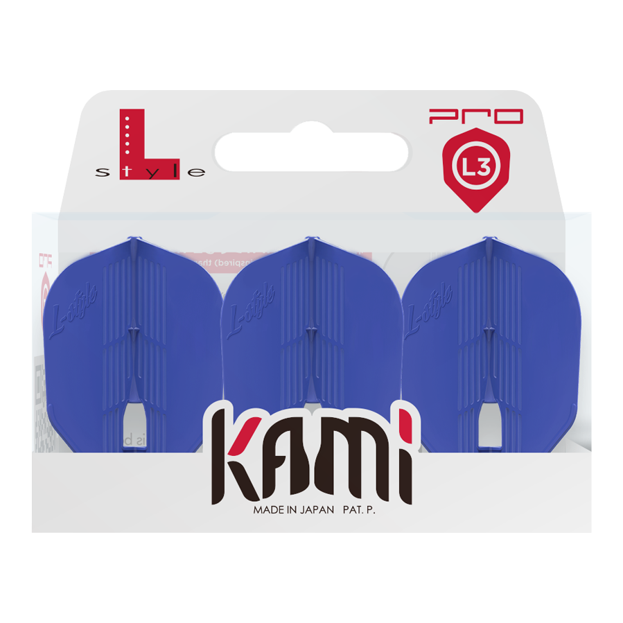 L-Style KAMI L3PRO Flights Das Bild zeigt eine Verpackung mit drei blauen Dart-Flights der Marke L-Style. Auf der Verpackung steht "kami" und "Made in Japan".