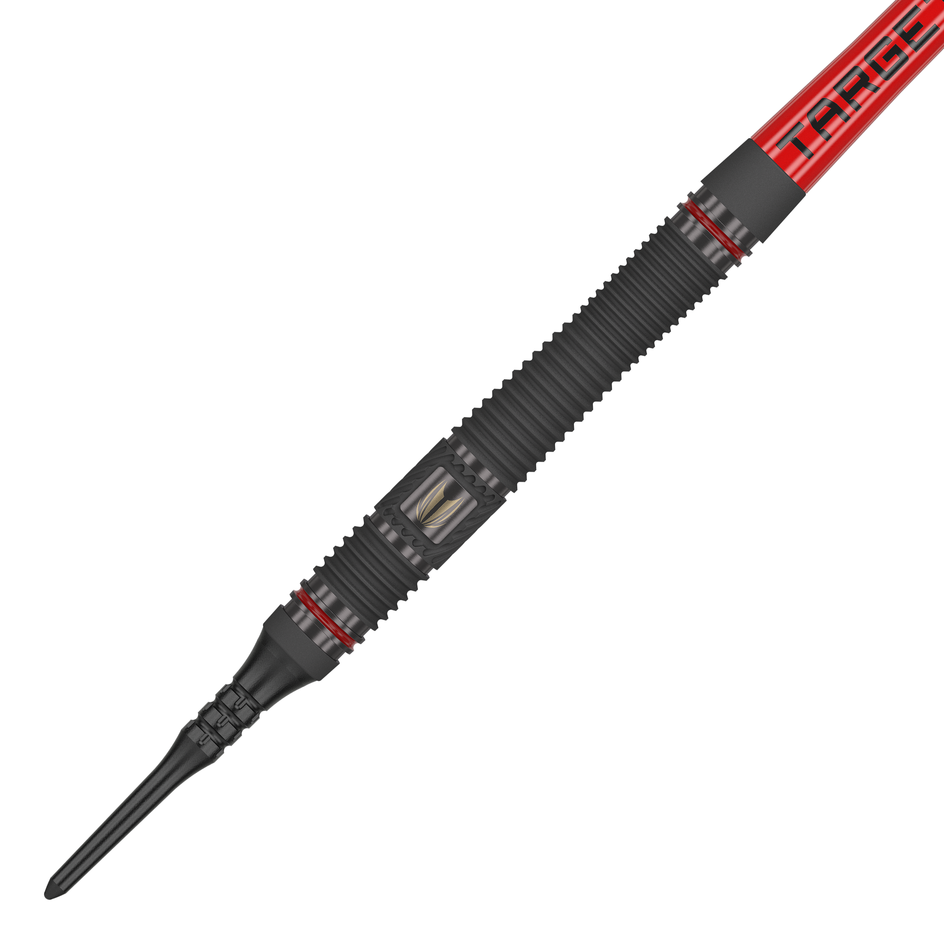 Target Scope 11 Softdarts Das Bild zeigt einen Target Scope 11 Softdart. Der Dartpfeil ist überwiegend schwarz mit roten Akzenten und einer geriffelten Oberfläche für besseren Halt.