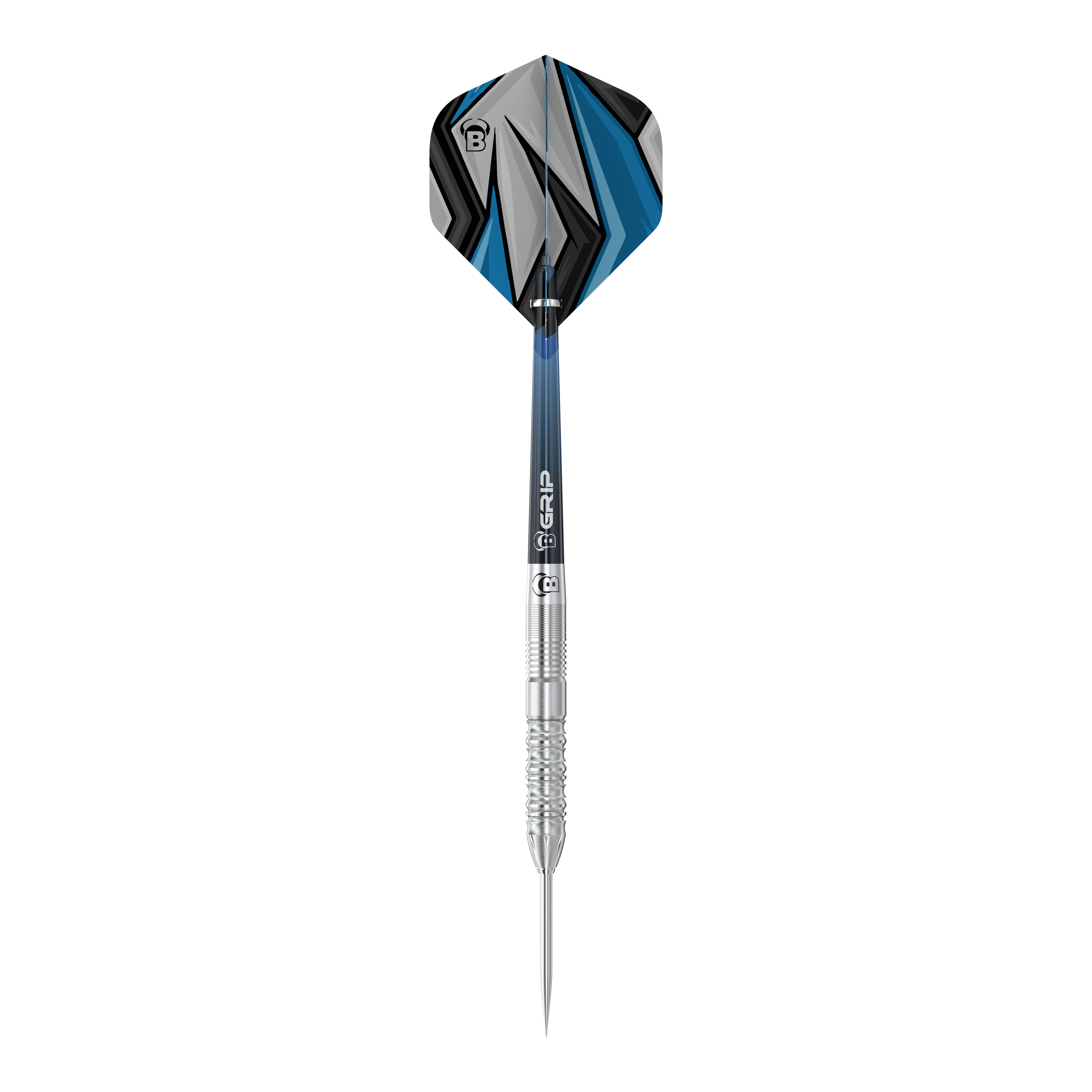 Das Bild zeigt einen Bulls Stone S2 Steeldart mit silbernem Schaft und spitzer Metallspitze. Die Flights sind in Blau, Schwarz und Grau mit einem modernen, geometrischen Muster gestaltet.