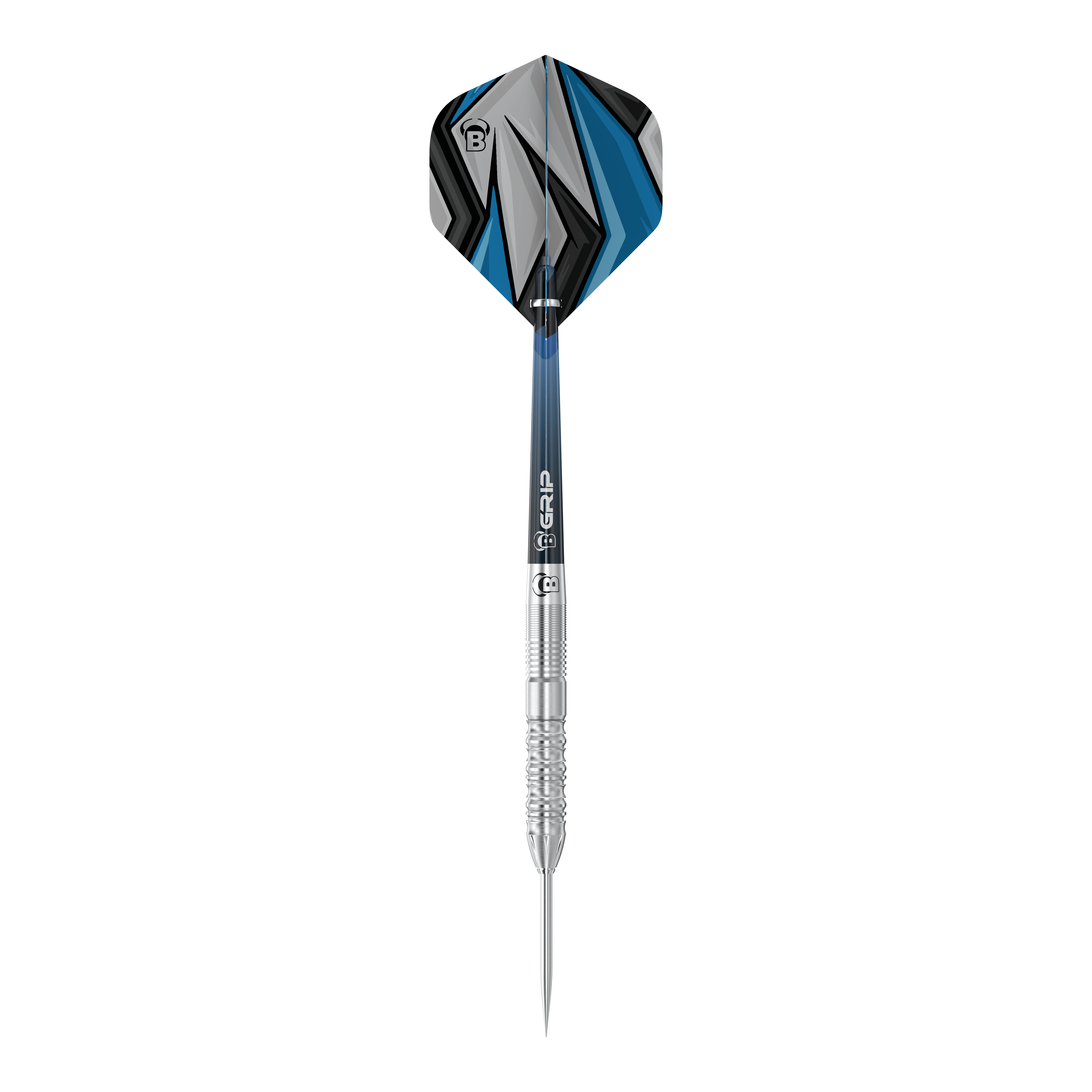 Bulls Stone S2 Steeldarts Das Bild zeigt einen Bulls Stone S2 Steeldart mit silbernem Schaft und spitzer Metallspitze. Die Flights sind in Blau, Schwarz und Grau mit einem modernen, geometrischen Muster gestaltet.