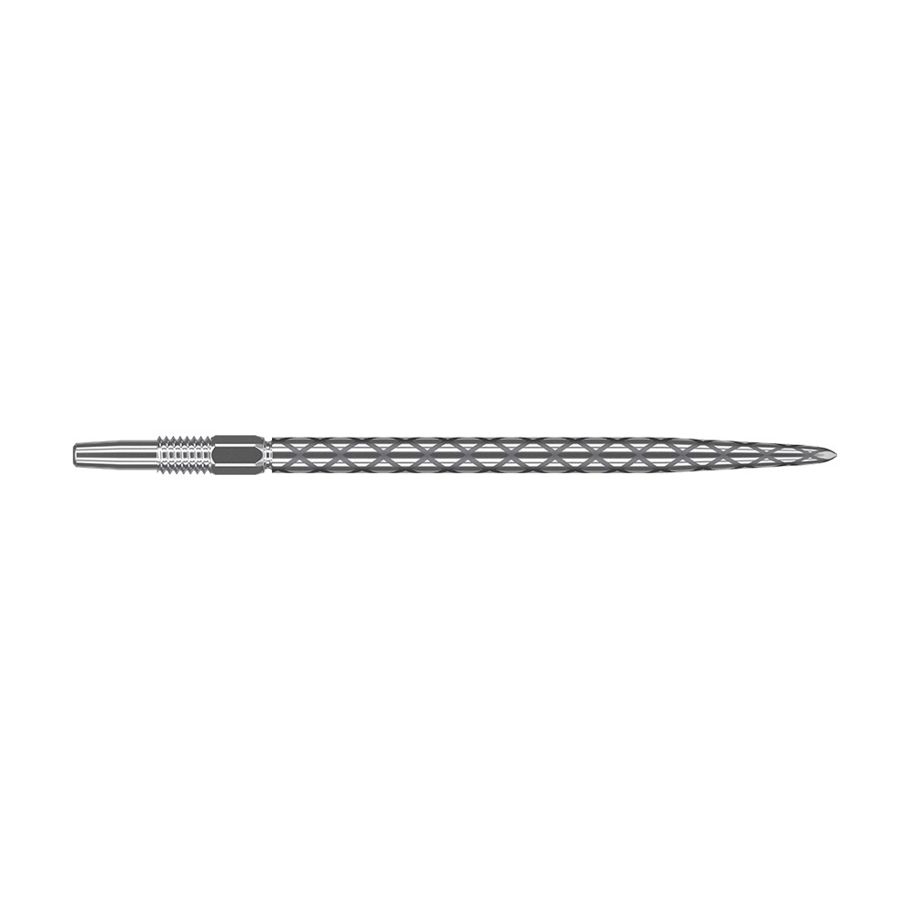Target Swiss Diamond Pro Silver Points Dartspitzen Das Bild zeigt eine silberne Dartspitze mit einem rautenförmigen Muster auf der Oberfläche. Sie ist lang und schmal gestaltet und besitzt ein Schraubgewinde am hinteren Ende.