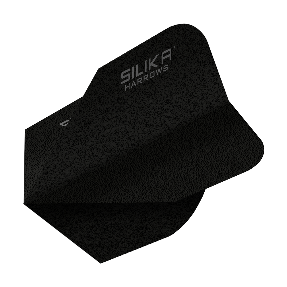 Harrows Silika Solid Tough Crystalline Coating Black No6 Flight Das Bild zeigt ein schwarzes Dartflight mit der Aufschrift "SILIKA HARROWS". Es handelt sich um das Modell "Harrows Silika Solid Tough Crystalline Coating Black No6 Flight".