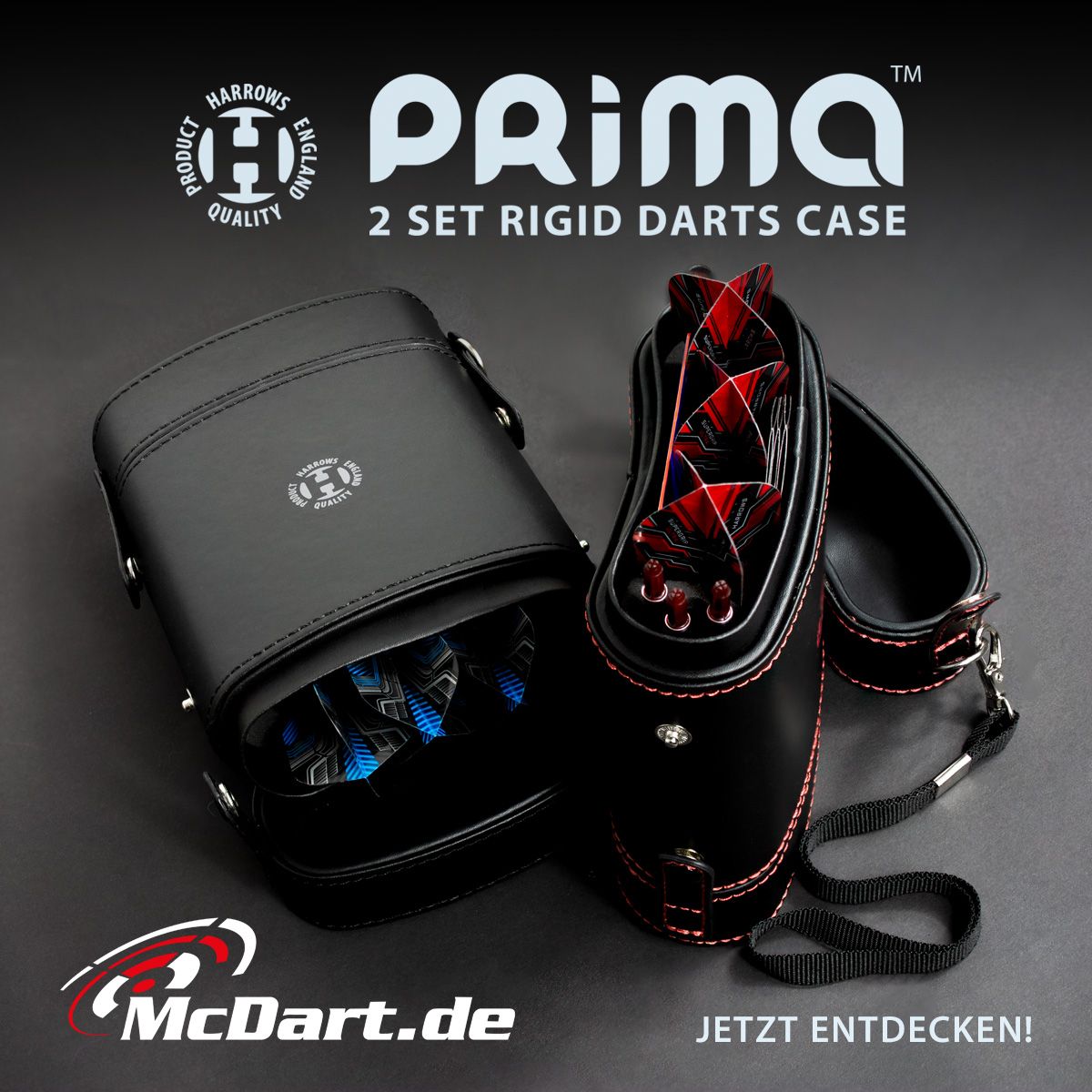 Das Bild zeigt das Harrows Prima Dartcase, eine stabile Tasche für zwei Dart-Sets. Die Dartcase ist schwarz mit roter Naht und hat verschiedene Fächer für die Darts und Zubehör.