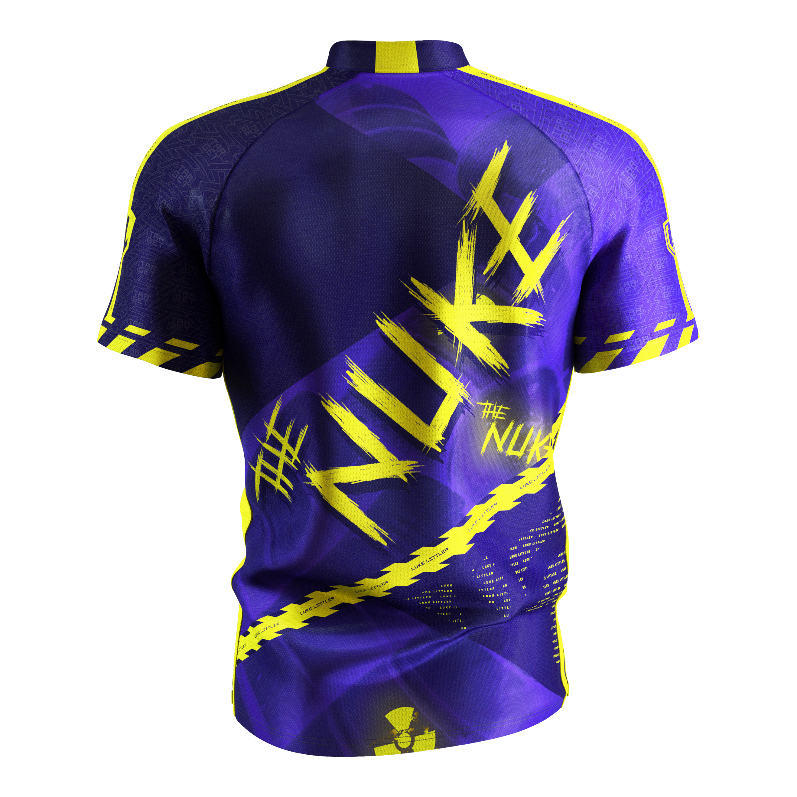 Target Coolplay Luke Littler 2025 Dartshirt Das Bild zeigt das „Target Coolplay Luke Littler 2025 Dartshirt“ von hinten. Das Shirt ist überwiegend lila mit auffälligen gelben Designs und dem Schriftzug „NUKE“ auf dem Rücken.