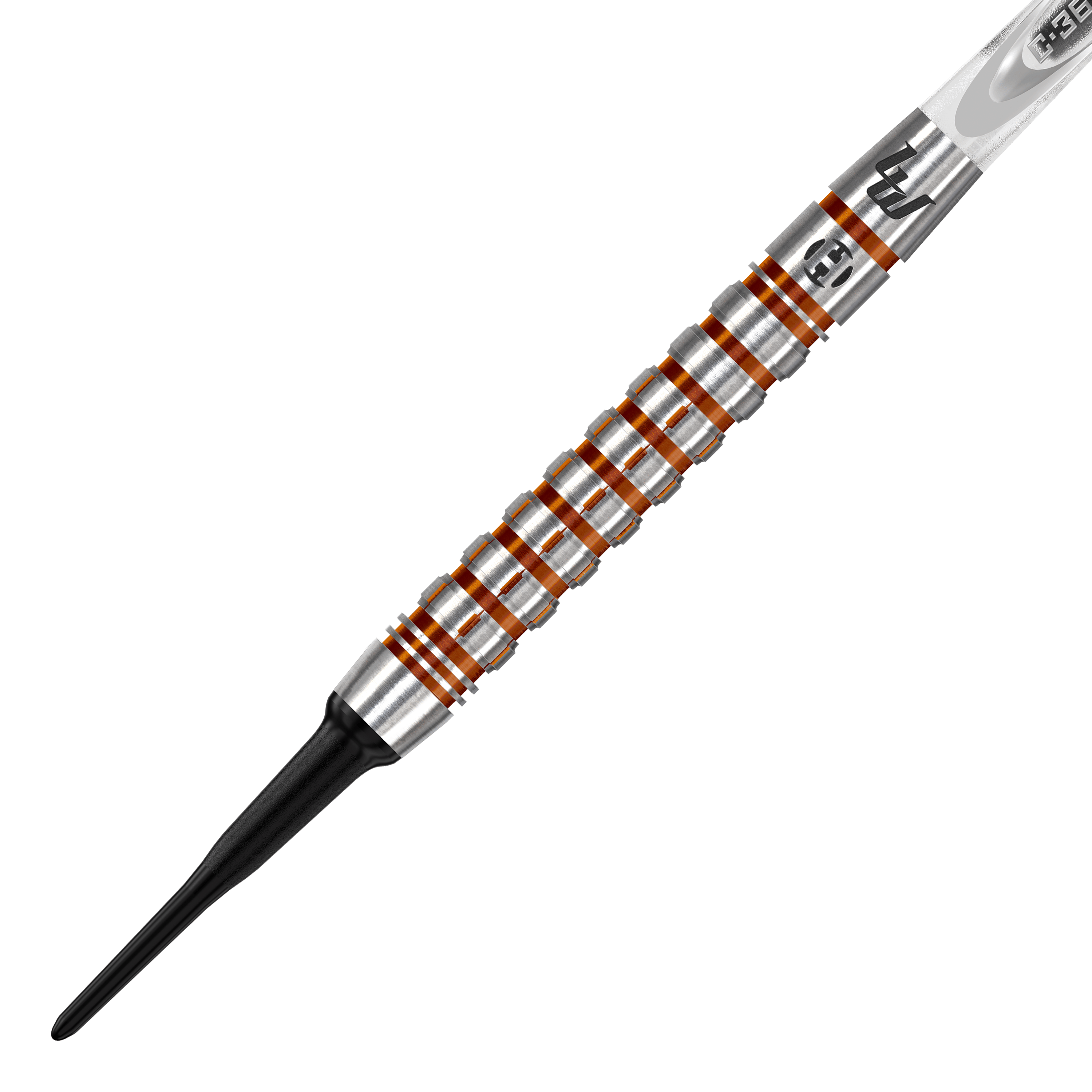Harrows Luke Woodhouse Series 2 Softdarts - 18g Das Bild zeigt einen Harrows Luke Woodhouse Series 2 Softdart mit einem Gewicht von 18g. Der Dart hat einen silbernen Griff mit auffälligen orangefarbenen Ringen und einer schwarzen Kunststoffspitze.