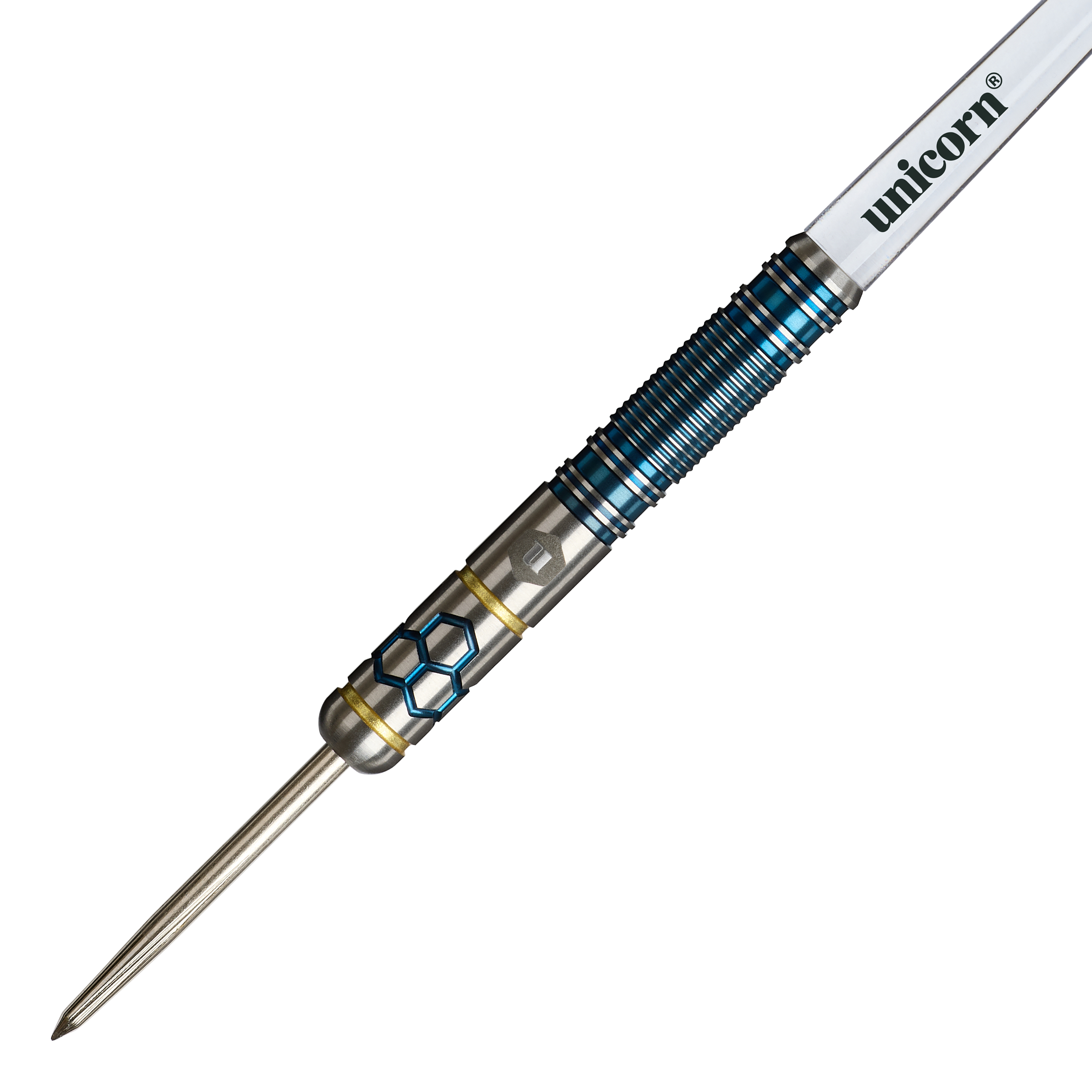 Hier sind die Unicorn Hexium Style 02 Blue & Gold Steeldarts zu sehen. Das Produkt überzeugt durch sein modernes Design.