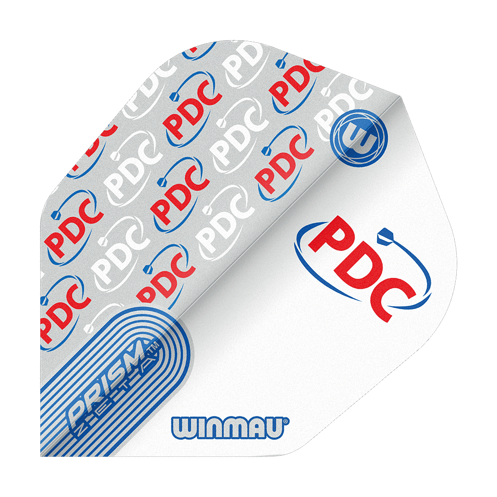 Dies ist ein Winmau Prism Zeta PDC White No6 Flight für Darts. Das Flight ist weiß und mit roten und blauen PDC-Logos sowie dem Winmau-Logo bedruckt.