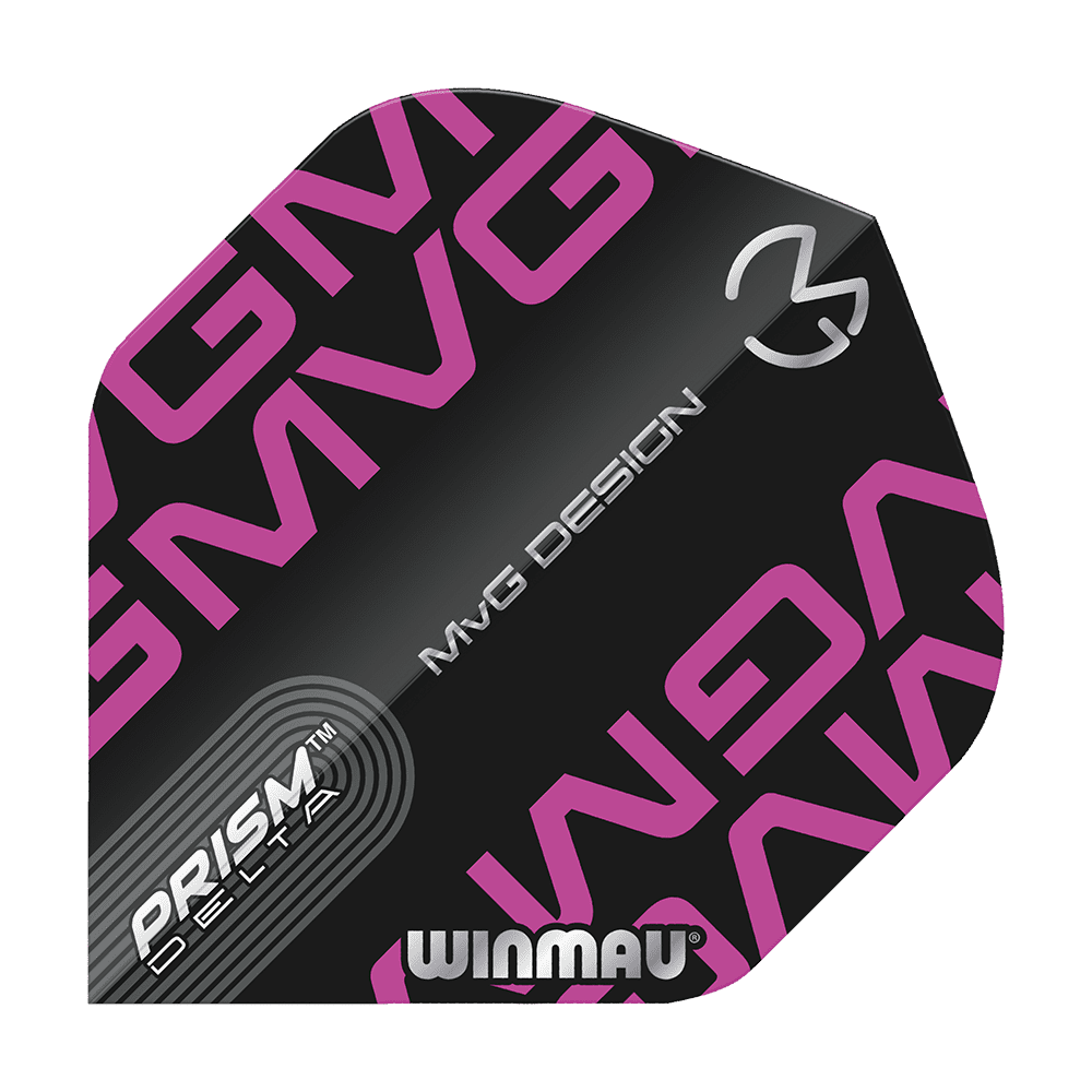 Das Bild zeigt ein Dart-Flight in Schwarz mit auffälligen lila "MVG"-Schriftzügen. Auf dem Flight stehen außerdem die Worte "PRISM DELTA", "MVG DESIGN" und "WINMAU".