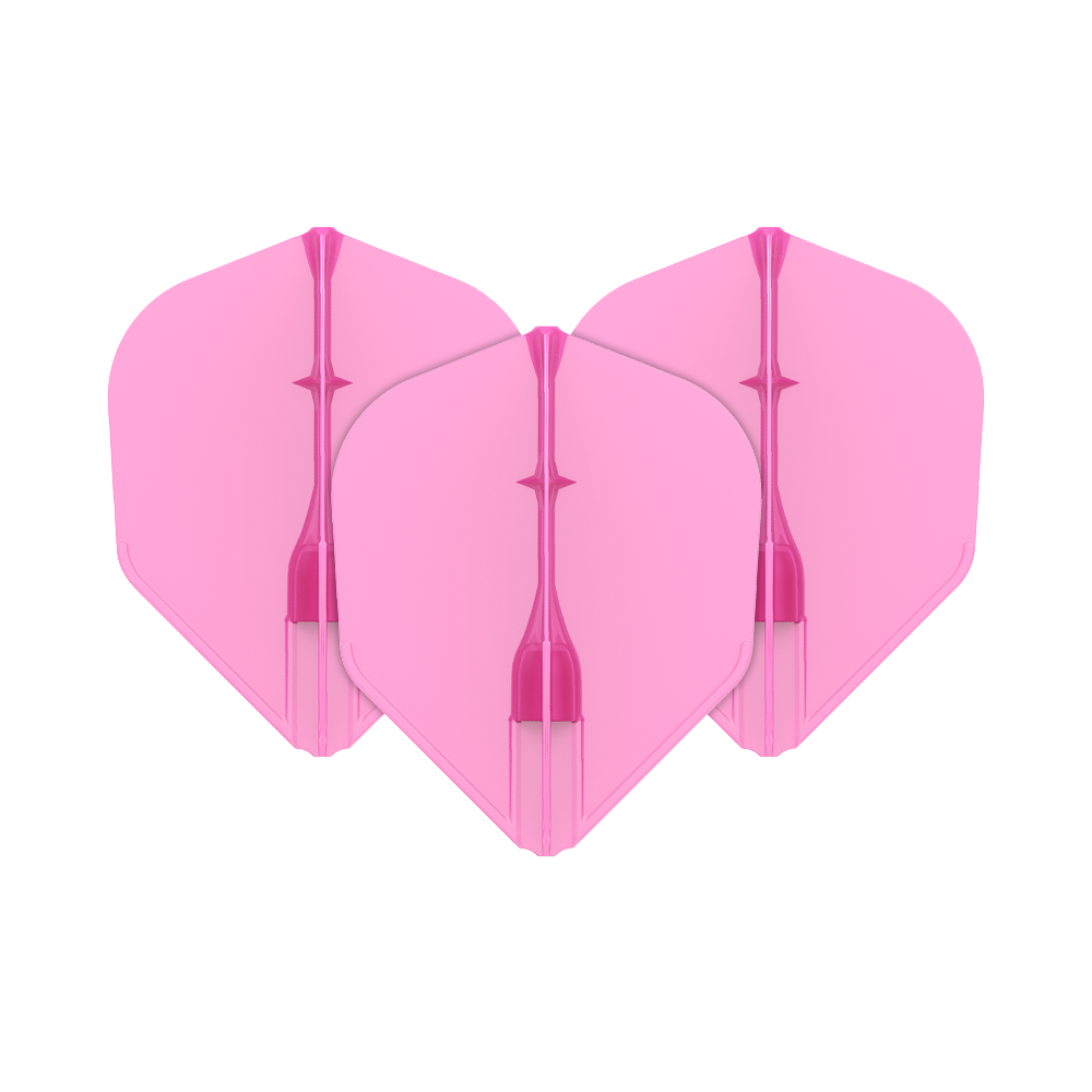 Das Bild zeigt drei pinke Dartflights, die nebeneinander angeordnet sind. Sie haben eine standardisierte, rautenähnliche Form und sind einheitlich gefärbt.