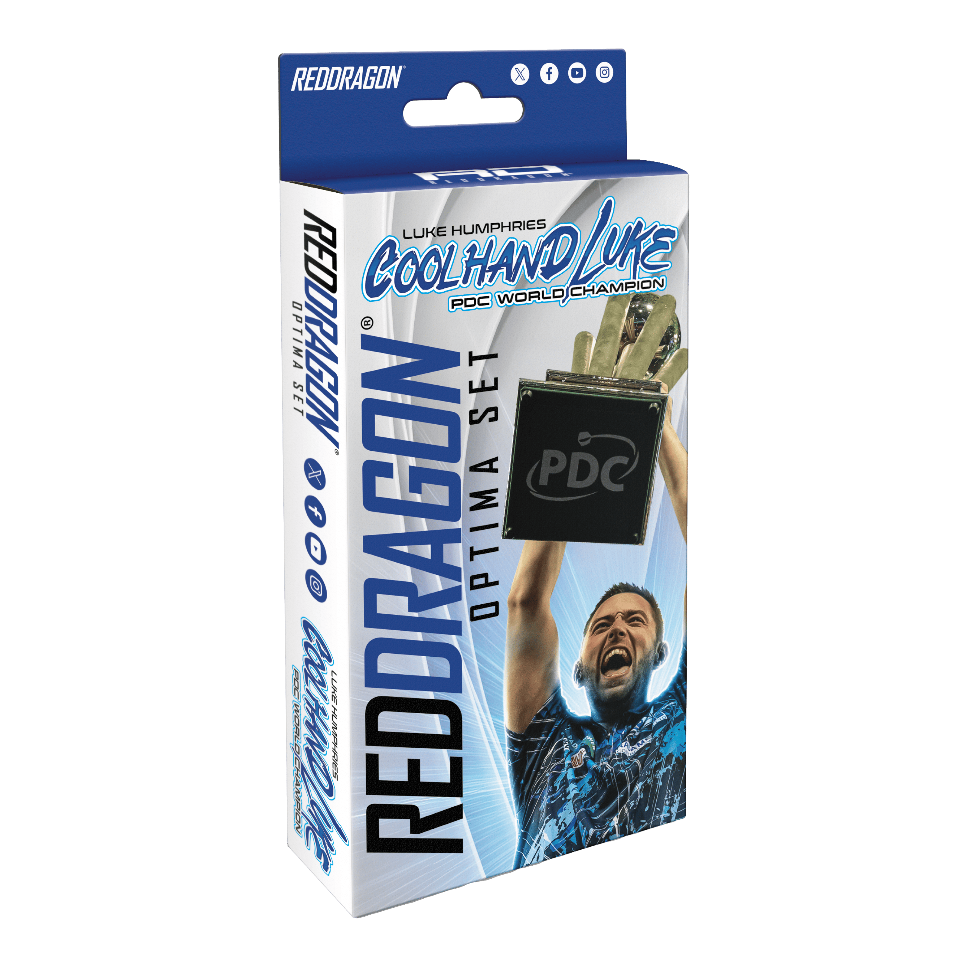 Die Verpackung zeigt das Produkt "Red Dragon Luke Humphries Optima Zubehör Pack". Auf der Vorderseite ist ein jubelnder Luke Humphries und ein Pokal abgebildet.