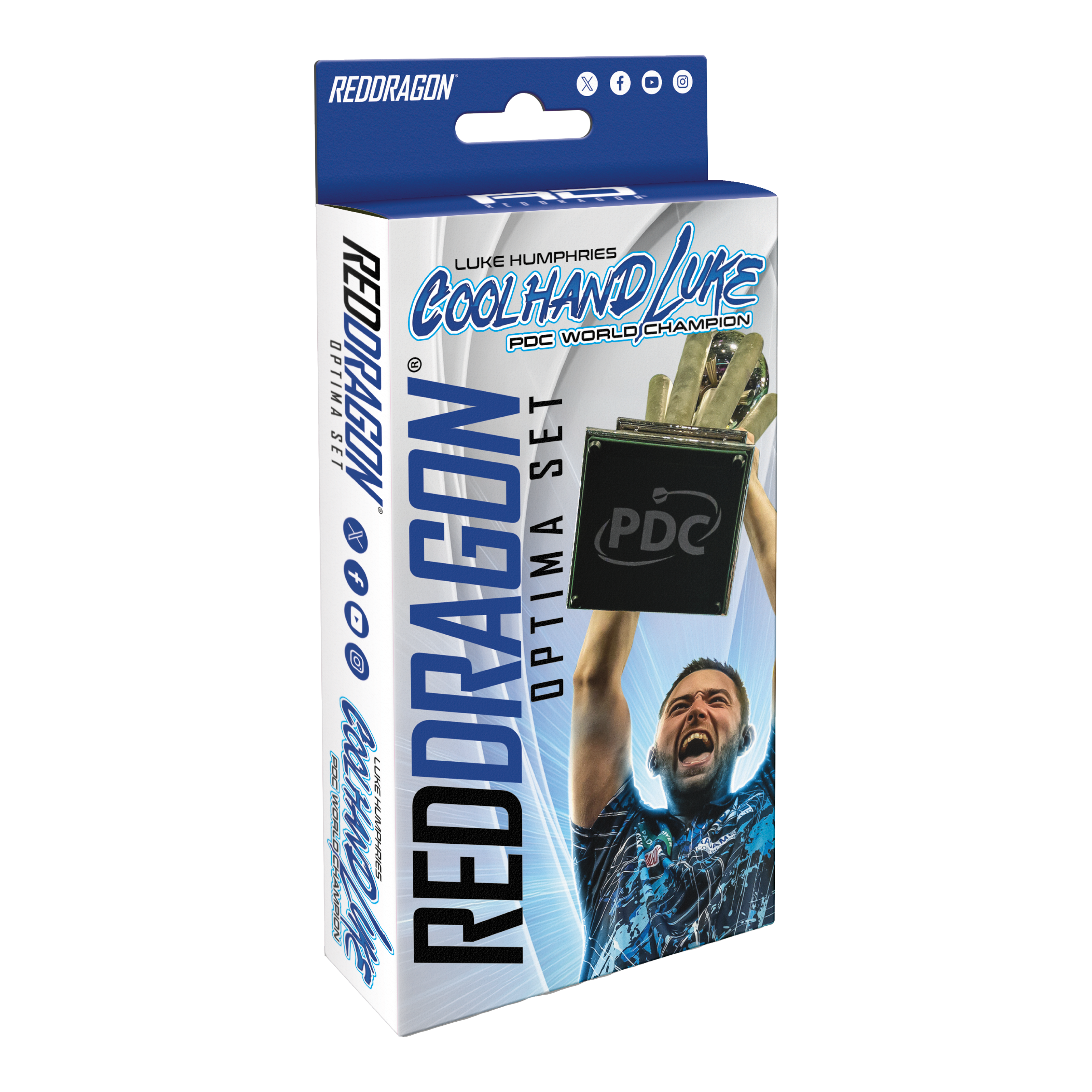 Red Dragon Luke Humphries Optima Zubehör Pack Die Verpackung zeigt das Produkt "Red Dragon Luke Humphries Optima Zubehör Pack". Auf der Vorderseite ist ein jubelnder Luke Humphries und ein Pokal abgebildet.