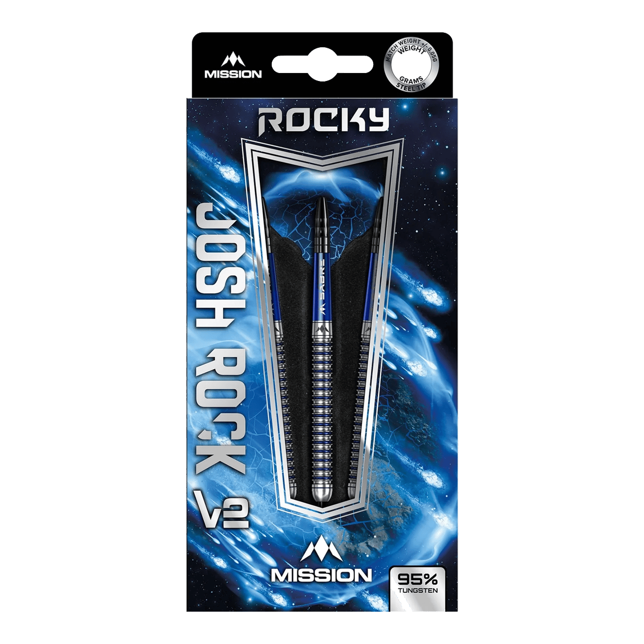 Das Bild zeigt das Produkt "Mission Josh Rock V2 Silver Blue PVD Steeldarts - 24g" in seiner Verpackung. Die Verpackung hat ein modernes, blaues Design mit dem Namen des Produkts und einem Sichtfenster für die Darts.