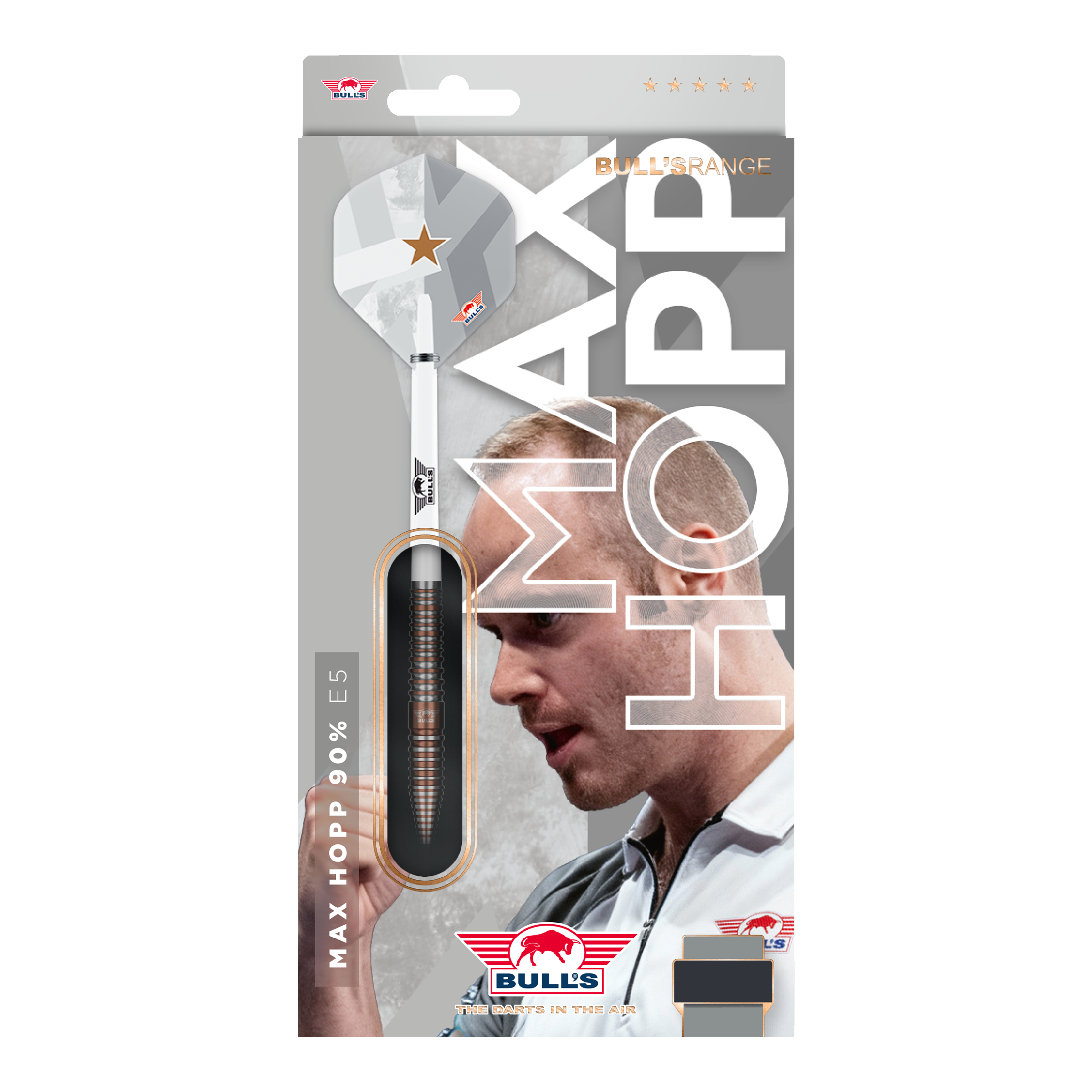 Zu sehen sind die Bulls NL Max Hopp E5 Steeldarts. Diese Steeldarts sind für Präzision und Kontrolle beim Werfen ausgelegt.