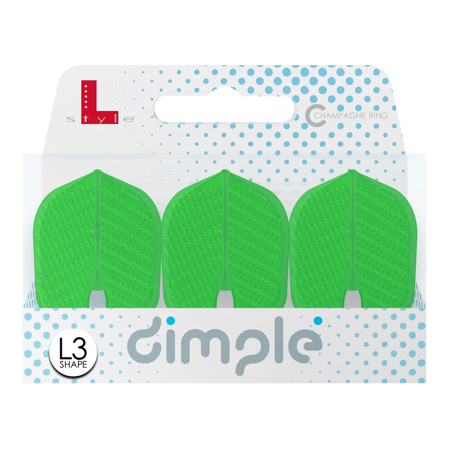Die Abbildung zeigt eine Packung mit drei grünen Dart-Flights der Marke "L-Style" im L3PRO Dimple Shape. Die Verpackung ist weiß mit blauen Punkten und der Aufschrift "dimple".