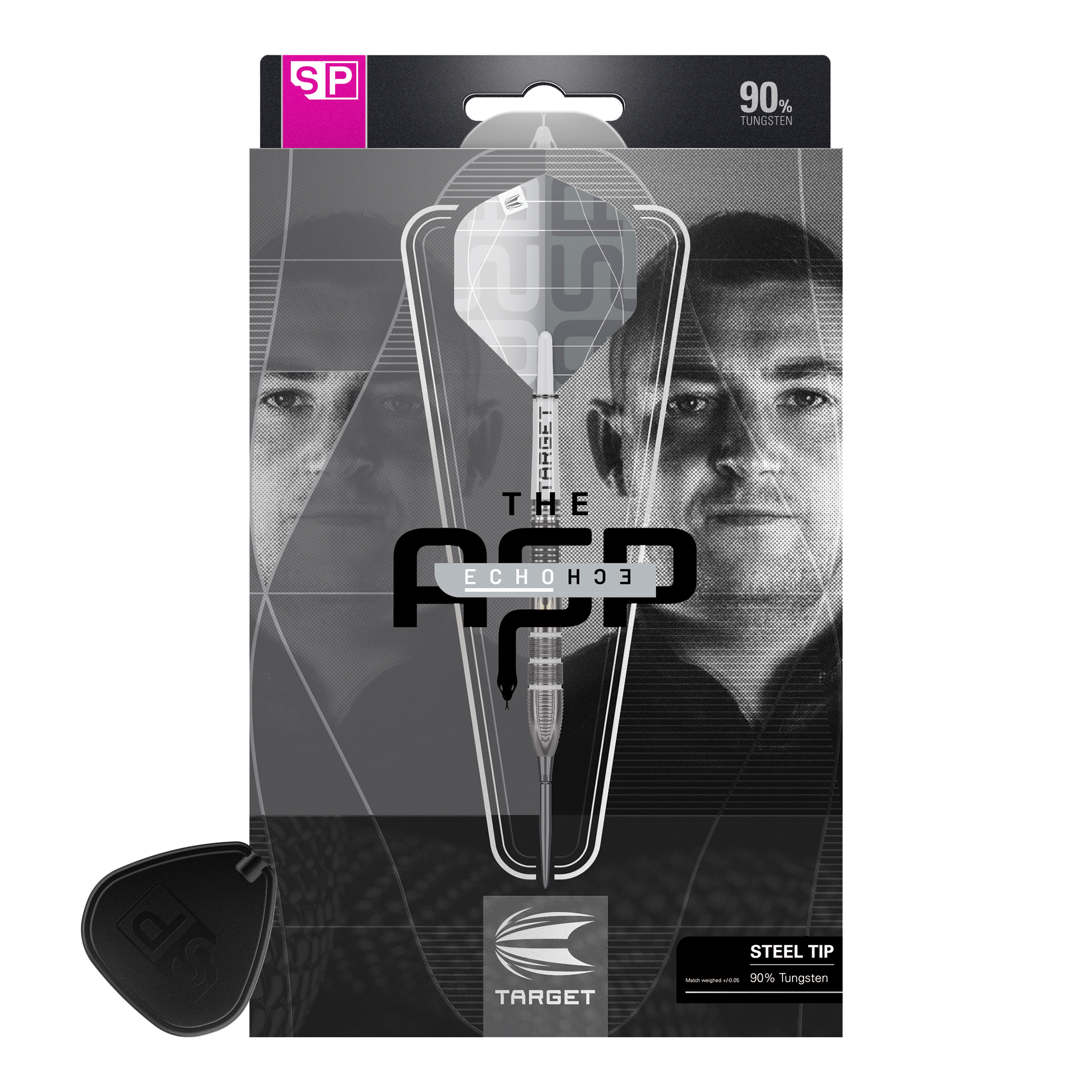 Die Verpackung zeigt die Target Nathan Aspinall X Echo Swiss Point Steeldarts. Auf der Vorderseite sind ein Dartpfeil und das Porträt eines Mannes zu sehen.