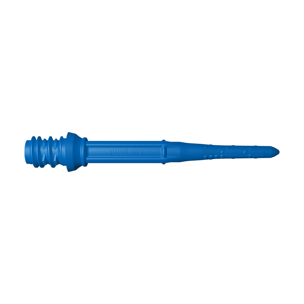LIP44_L-Style_Premium_Lippoints_30_Softdartspitzen_30erPack_Blau_2 Das Bild zeigt eine blaue Softdartspitze. Sie hat ein Schraubgewinde am einen Ende und eine schlanke, spitze Form am anderen Ende.