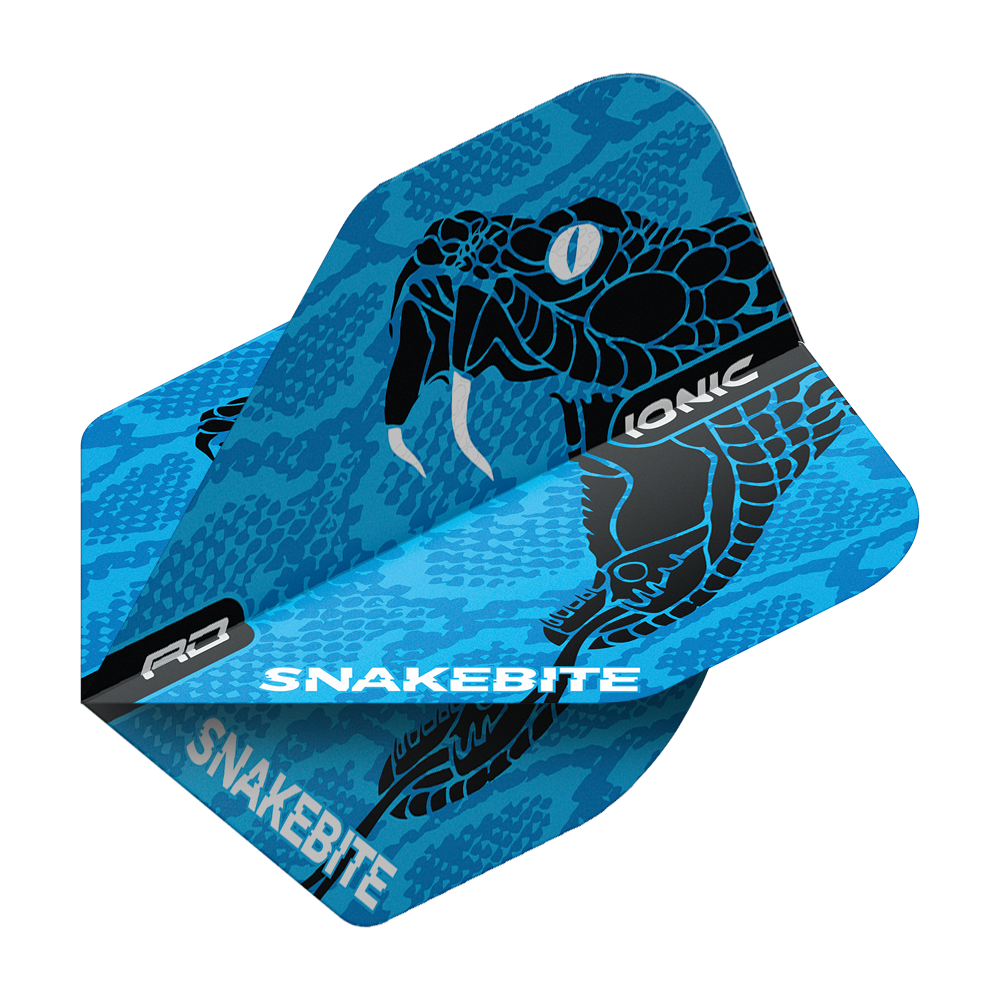 Das Bild zeigt ein blaues Dart-Flight mit einem schwarzen Schlangenkopf-Design. Auf dem Flight steht der Schriftzug "SNAKEBITE" in weißer Farbe.