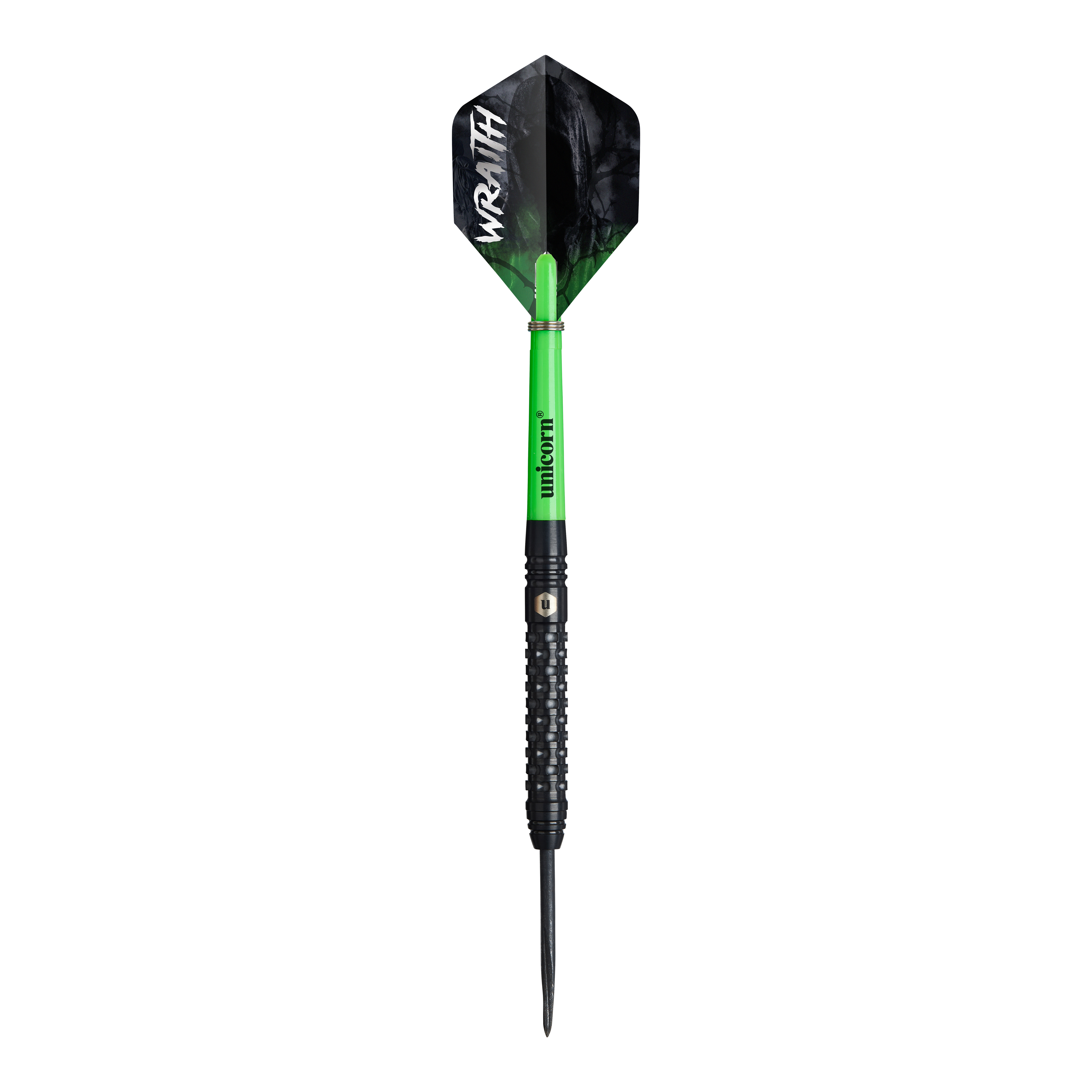 Unicorn Wraith Steeldarts Das Bild zeigt einen Steeldart namens "Unicorn Wraith". Der Dart hat einen grünen Schaft, einen schwarzen Griff und eine schwarze Flight mit der weißen Aufschrift „WRAITH“.