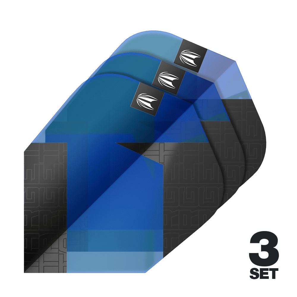 Das Bild zeigt drei blaue Dartflights der Marke Target Pro Ultra TAG Blau Ten-X Standard. In der rechten unteren Ecke steht "3 SET", was auf drei enthaltene Sets hinweist.