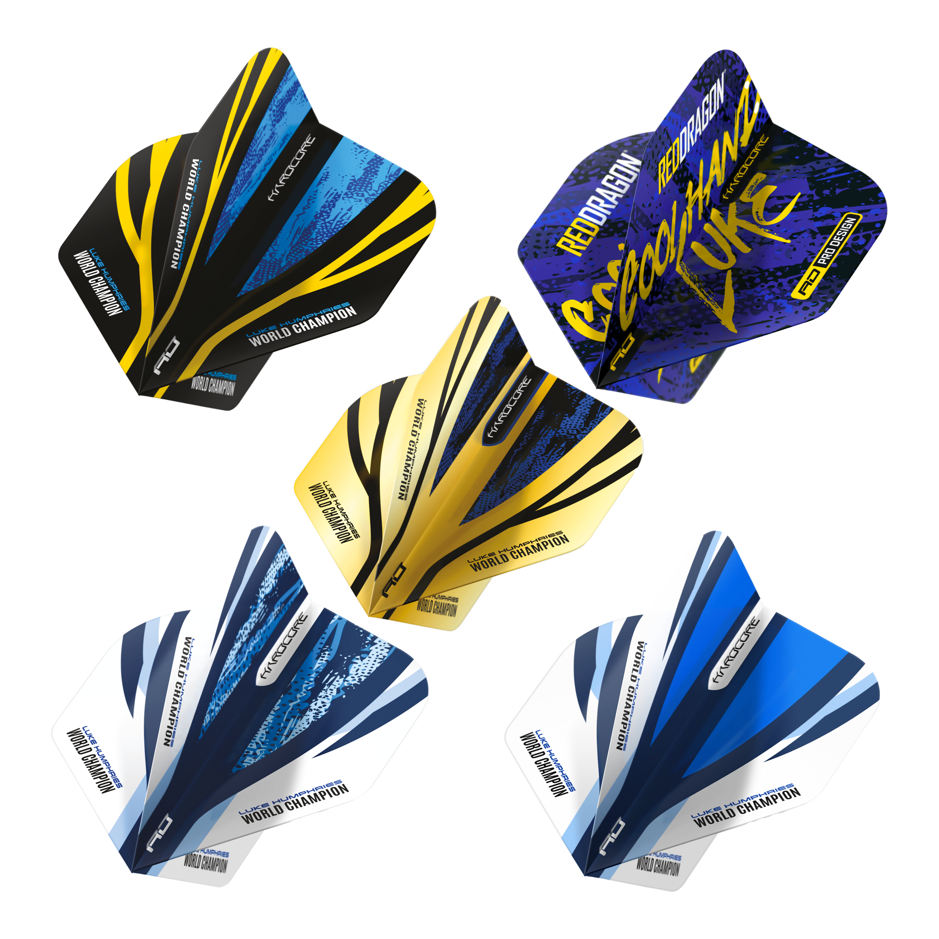 Das Bild zeigt fünf verschiedene Dart-Flights aus der "Red Dragon Luke Humphries Coolhand Hardcore Flight Collection". Die Flights sind in verschiedenen Farben und Designs gestaltet und tragen Aufschriften wie "WORLD CHAMPION" und "COOLHAND LUKE".