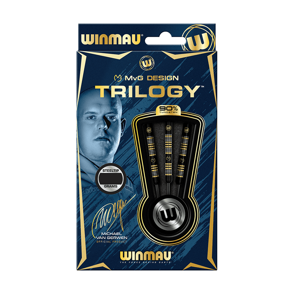 Die Abbildung zeigt die Verpackung der "Winmau Michael Van Gerwen Trilogy Steeldarts". In der Verpackung befinden sich drei Steeldarts mit einem eleganten schwarzen und goldenen Design.