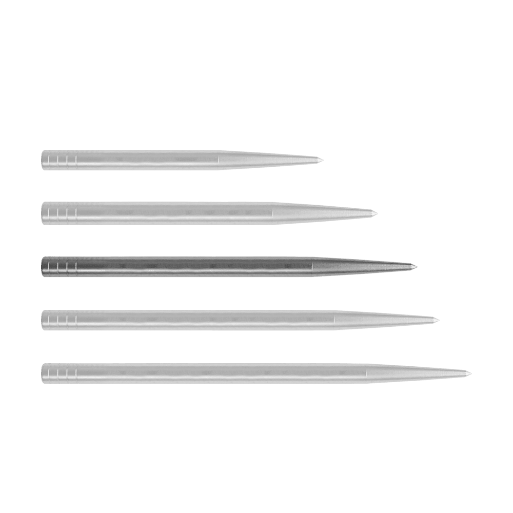 Auf dem Bild sind fünf silberne Dartspitzen nebeneinander zu sehen. Sie sind aus Metall und haben alle eine schmale, spitze Form.