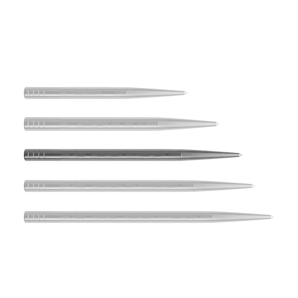 Condor Beak Point Without Cut Dartspitzen Auf dem Bild sind fünf silberne Dartspitzen nebeneinander zu sehen. Sie sind aus Metall und haben alle eine schmale, spitze Form.